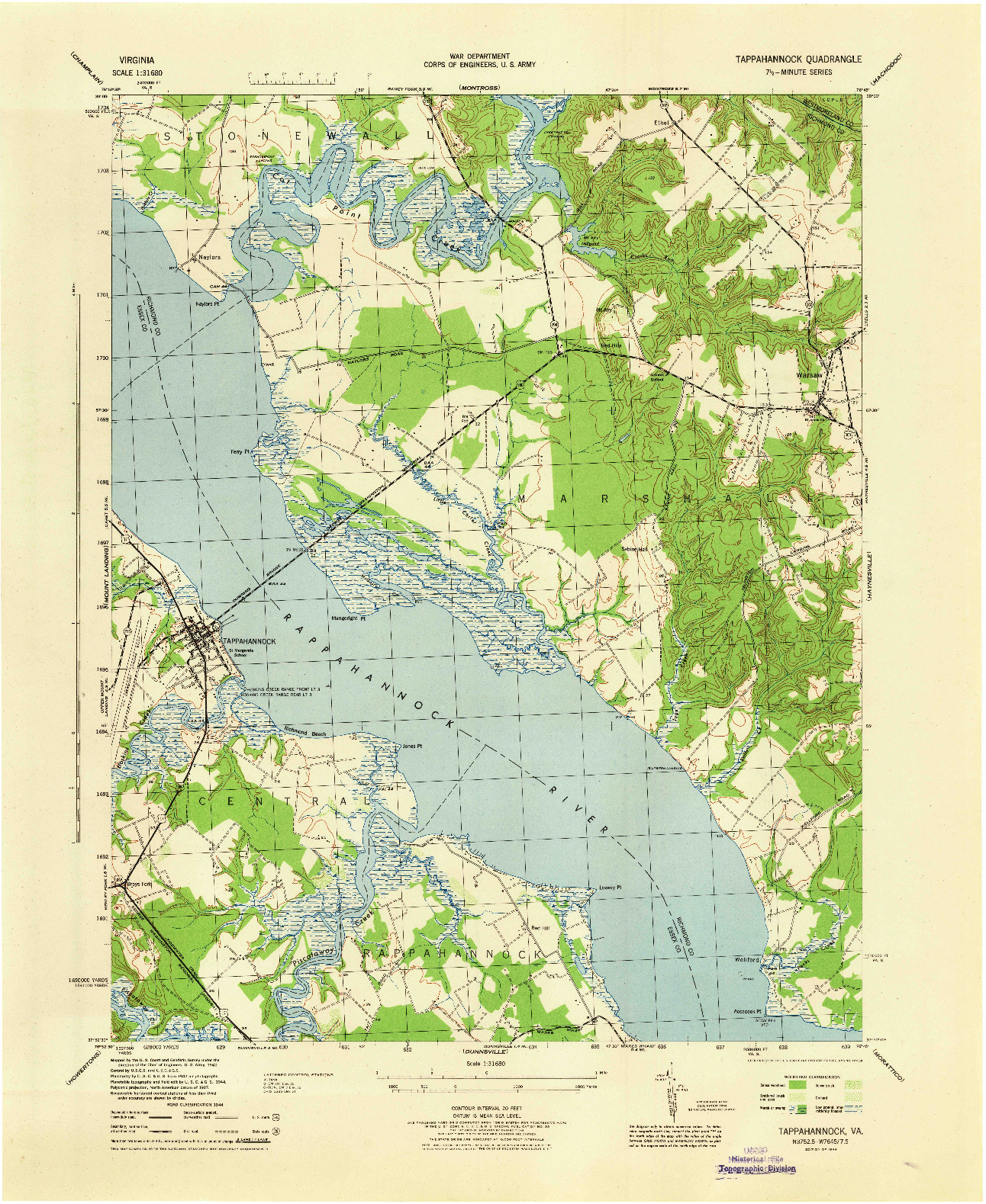 USGS 1:31680-SCALE QUADRANGLE FOR TAPPAHANNOCK, VA 1944
