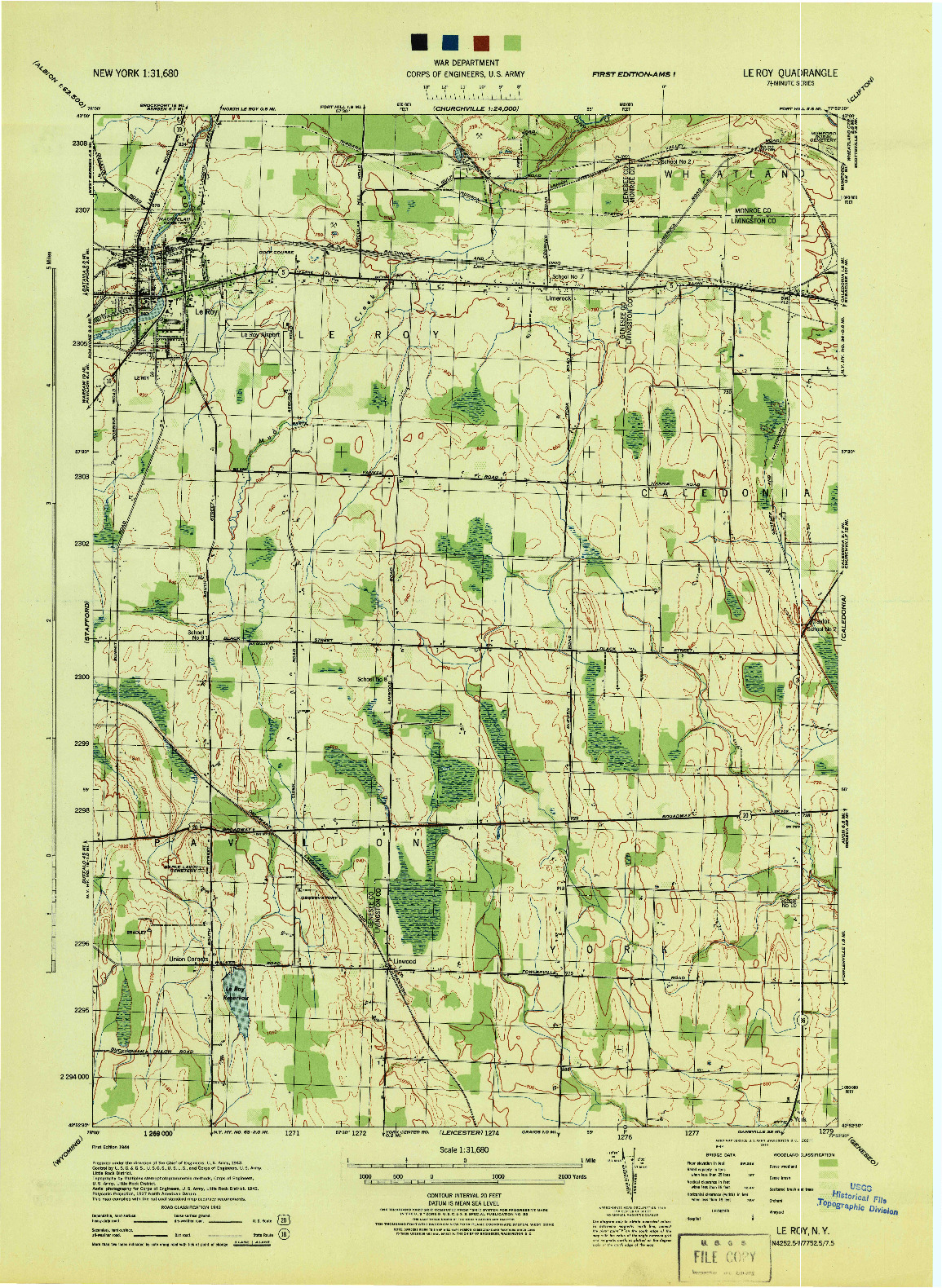 USGS 1:31680-SCALE QUADRANGLE FOR LE ROY, NY 1944