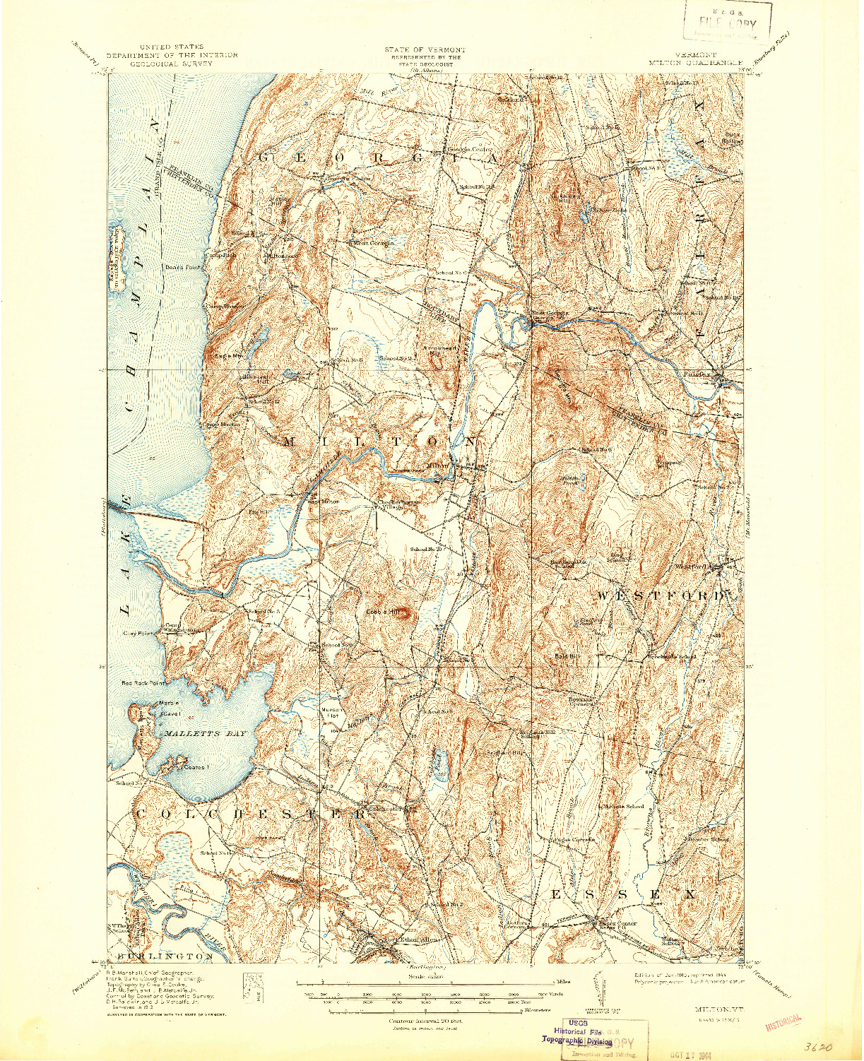 USGS 1:62500-SCALE QUADRANGLE FOR MILTON, VT 1915