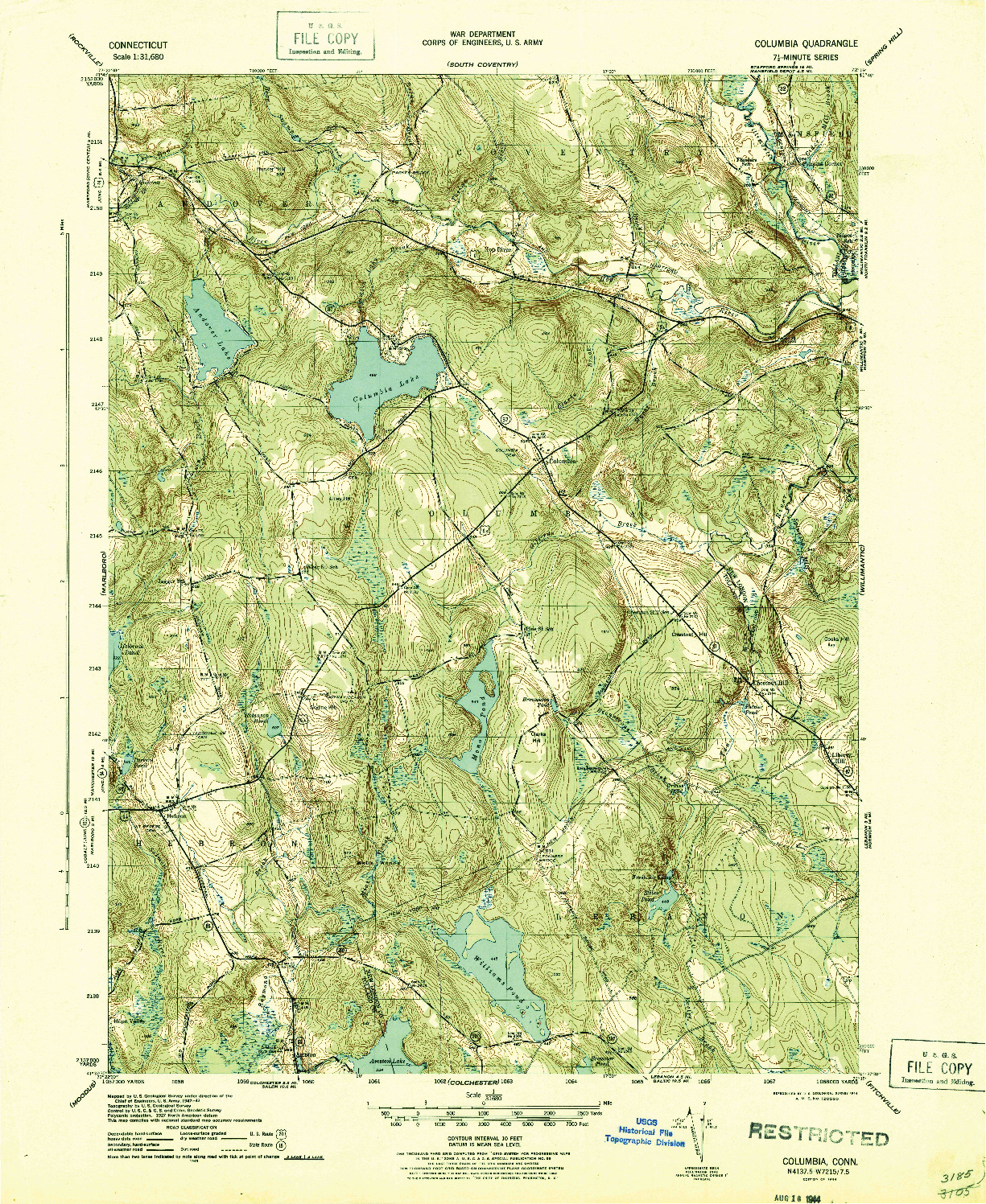 USGS 1:31680-SCALE QUADRANGLE FOR COLUMBIA, CT 1944