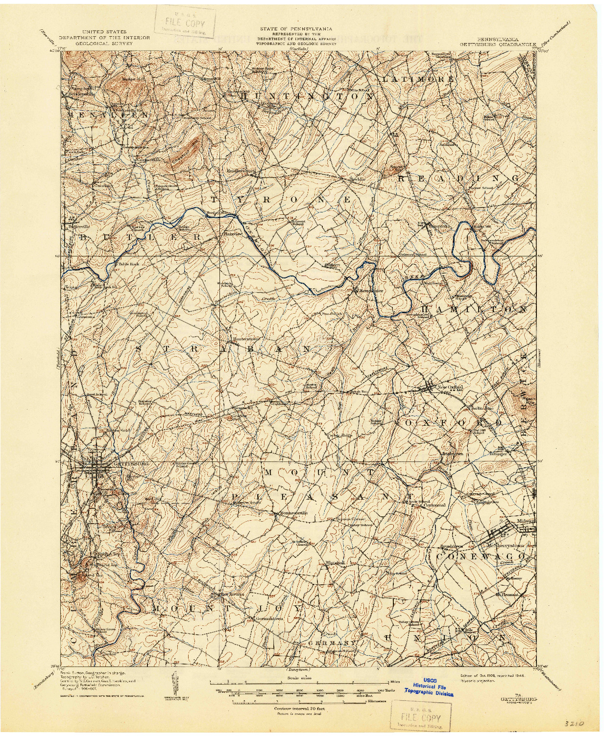 USGS 1:62500-SCALE QUADRANGLE FOR GETTYSBURG, PA 1908