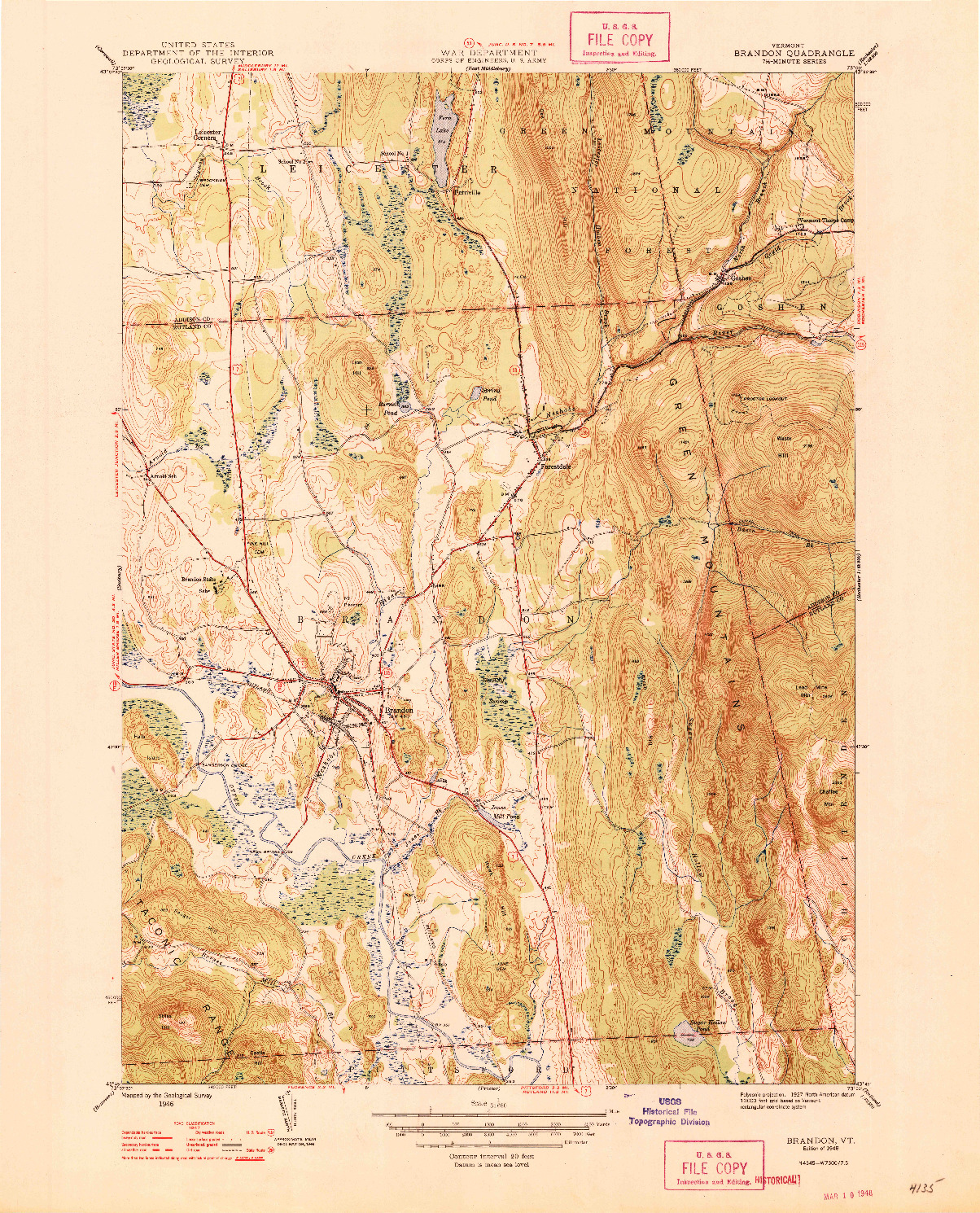 USGS 1:31680-SCALE QUADRANGLE FOR BRANDON, VT 1946