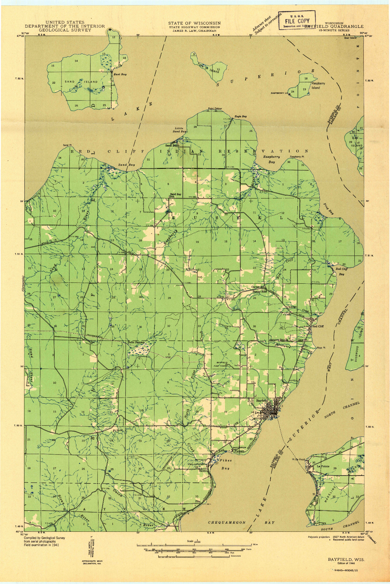 USGS 1:48000-SCALE QUADRANGLE FOR BAYFIELD, WI 1946