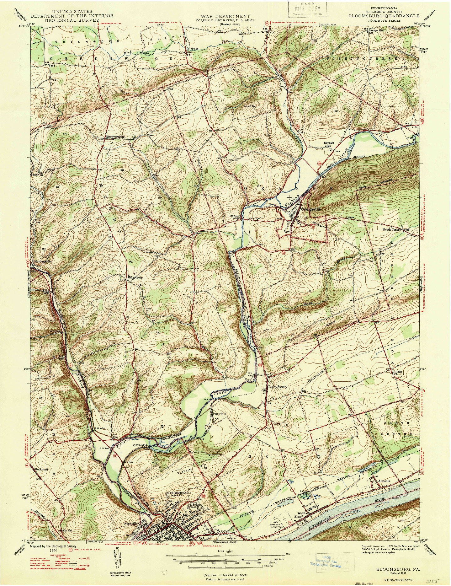 USGS 1:24000-SCALE QUADRANGLE FOR BLOOMSBURG, PA 1947