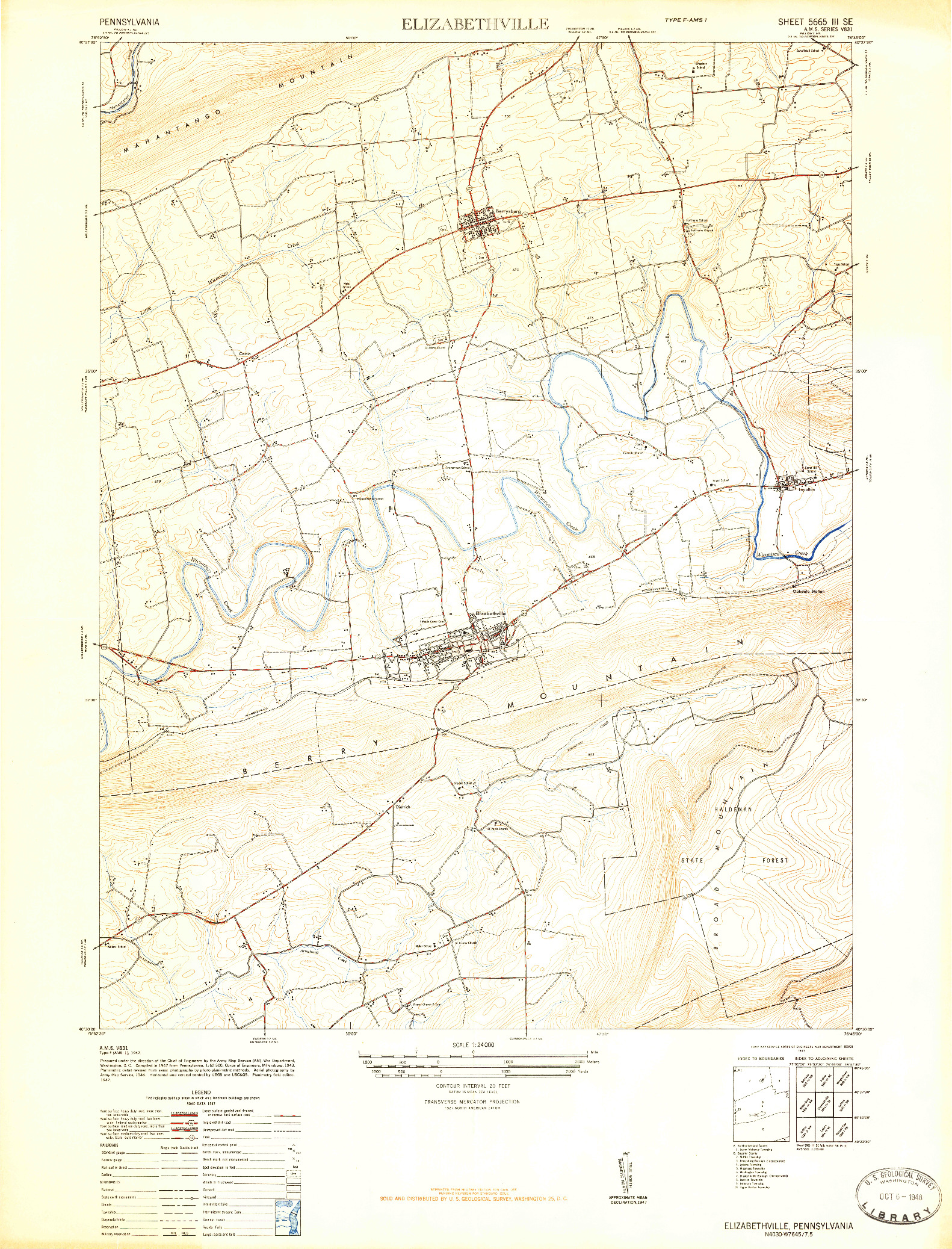 USGS 1:24000-SCALE QUADRANGLE FOR ELIZABETHVILLE, PA 1947