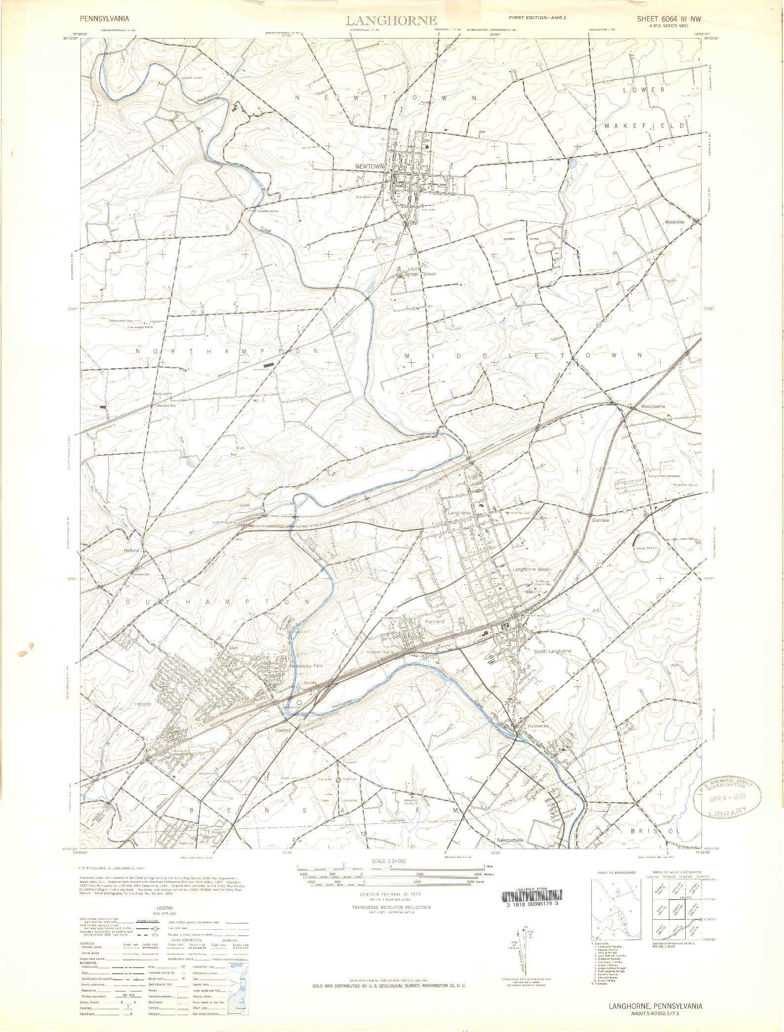 USGS 1:24000-SCALE QUADRANGLE FOR LANGHORNE, PA 1944