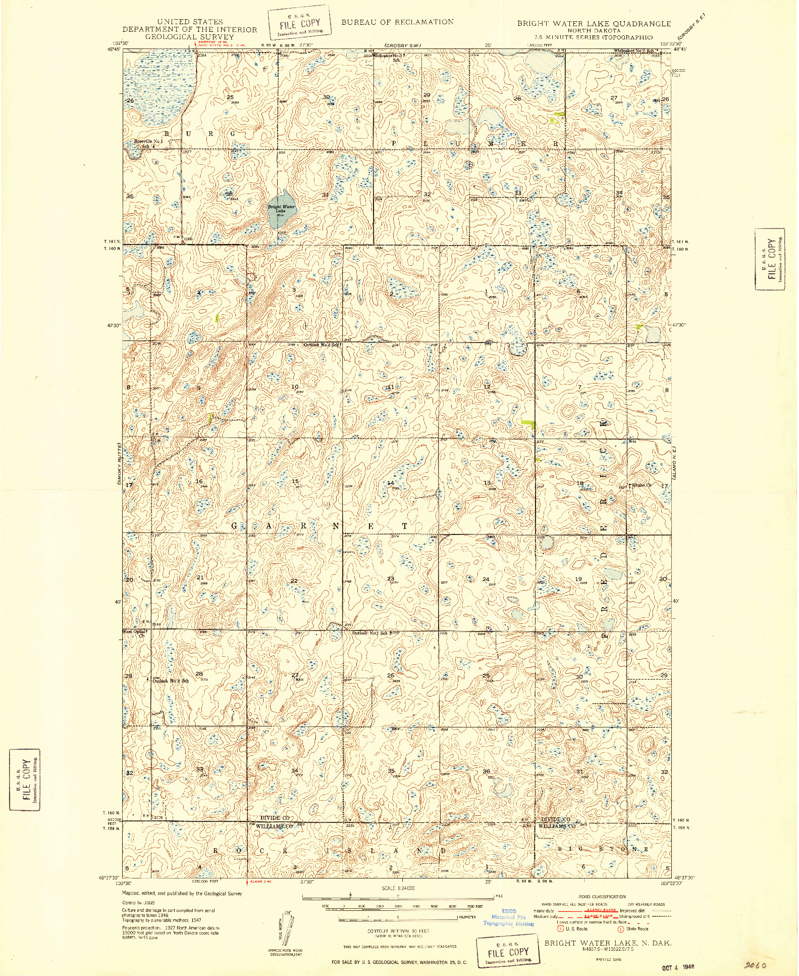 USGS 1:24000-SCALE QUADRANGLE FOR BRIGHT WATER LAKE, ND 1948