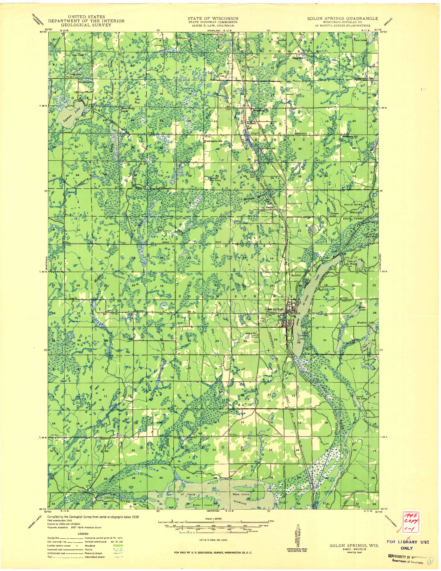 USGS 1:48000-SCALE QUADRANGLE FOR SOLON SPRINGS, WI 1949