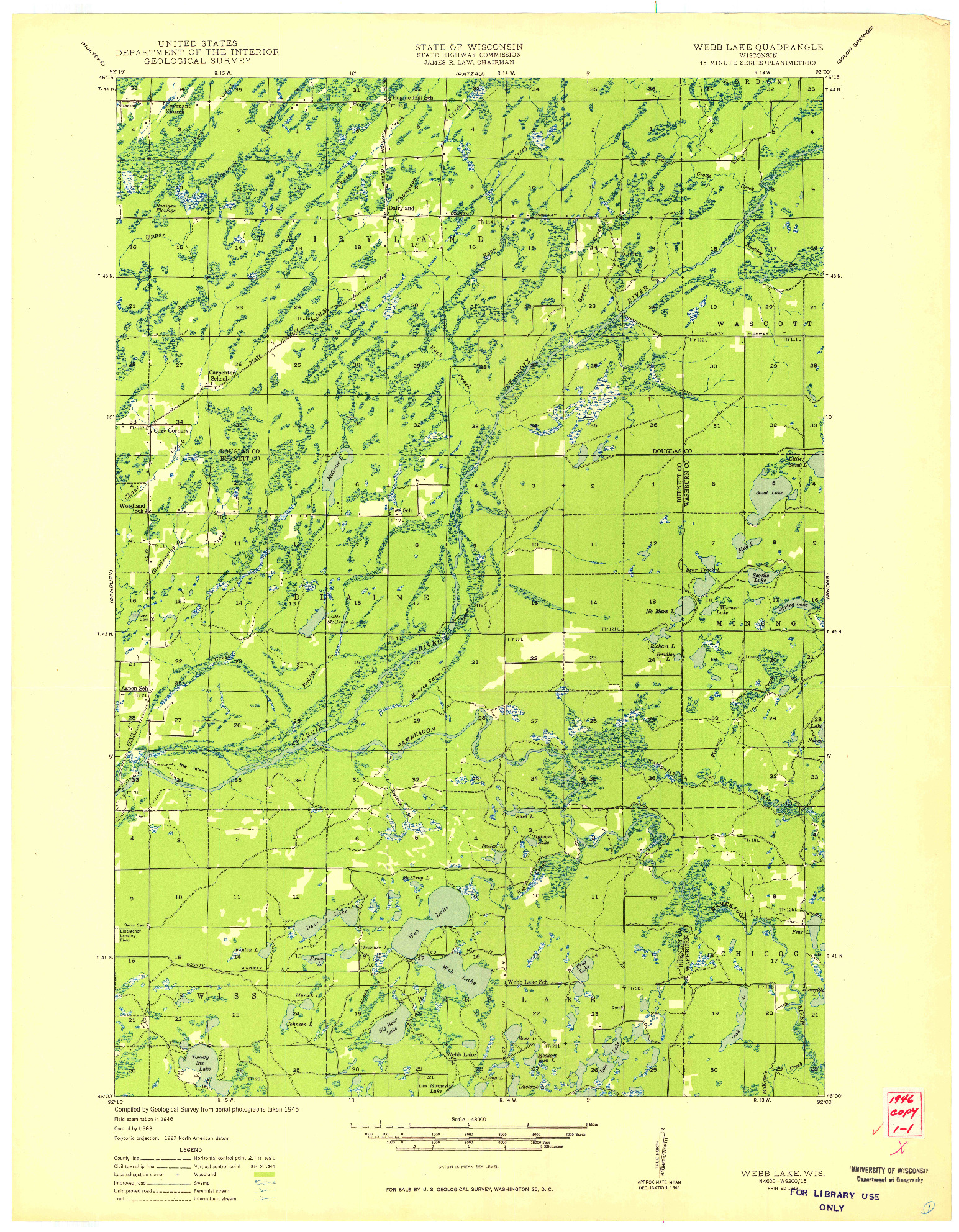 USGS 1:48000-SCALE QUADRANGLE FOR WEBB LAKE, WI 1949