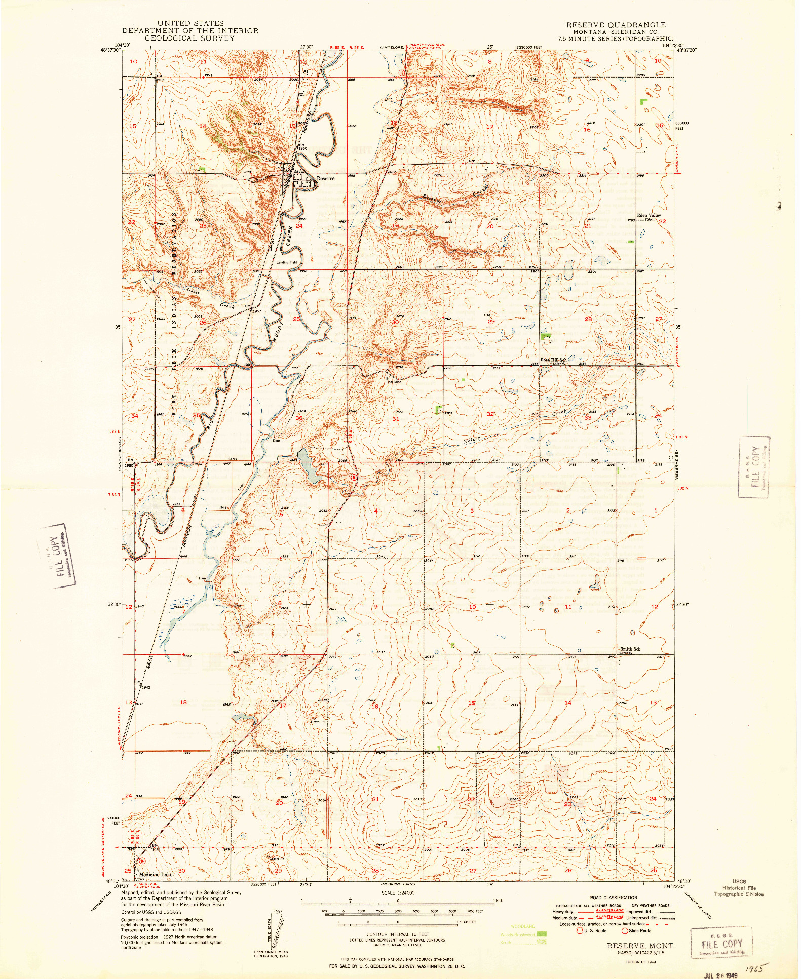 USGS 1:24000-SCALE QUADRANGLE FOR RESERVE, MT 1949