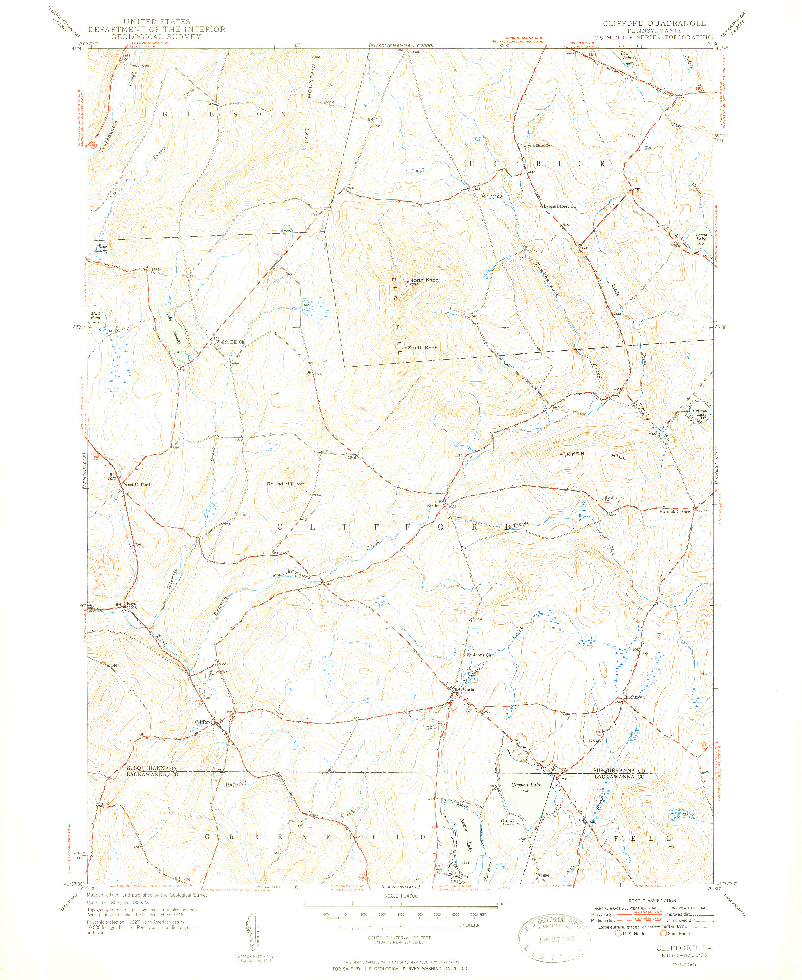 USGS 1:24000-SCALE QUADRANGLE FOR CLIFFORD, PA 1949