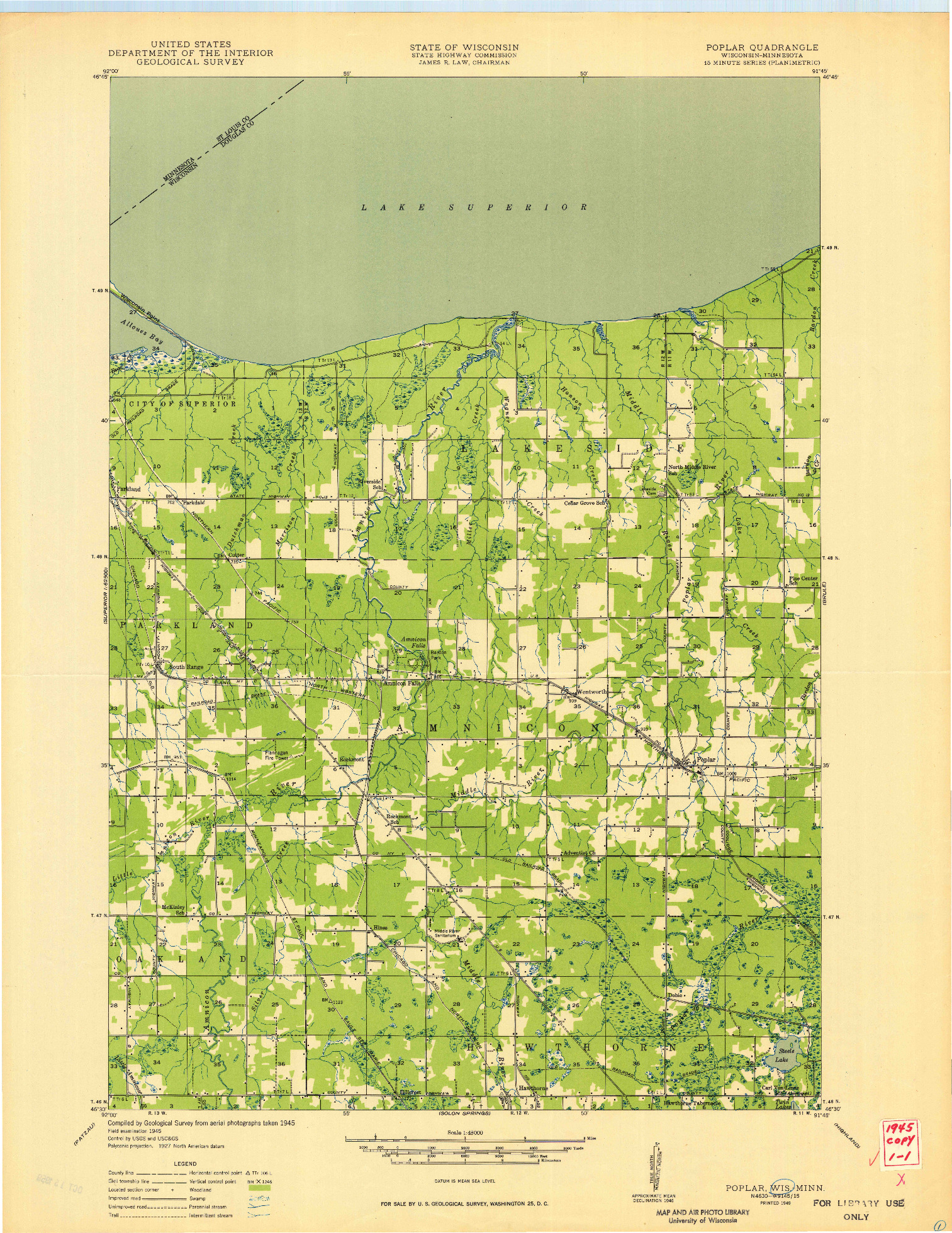 USGS 1:48000-SCALE QUADRANGLE FOR POPLAR, WI 1949