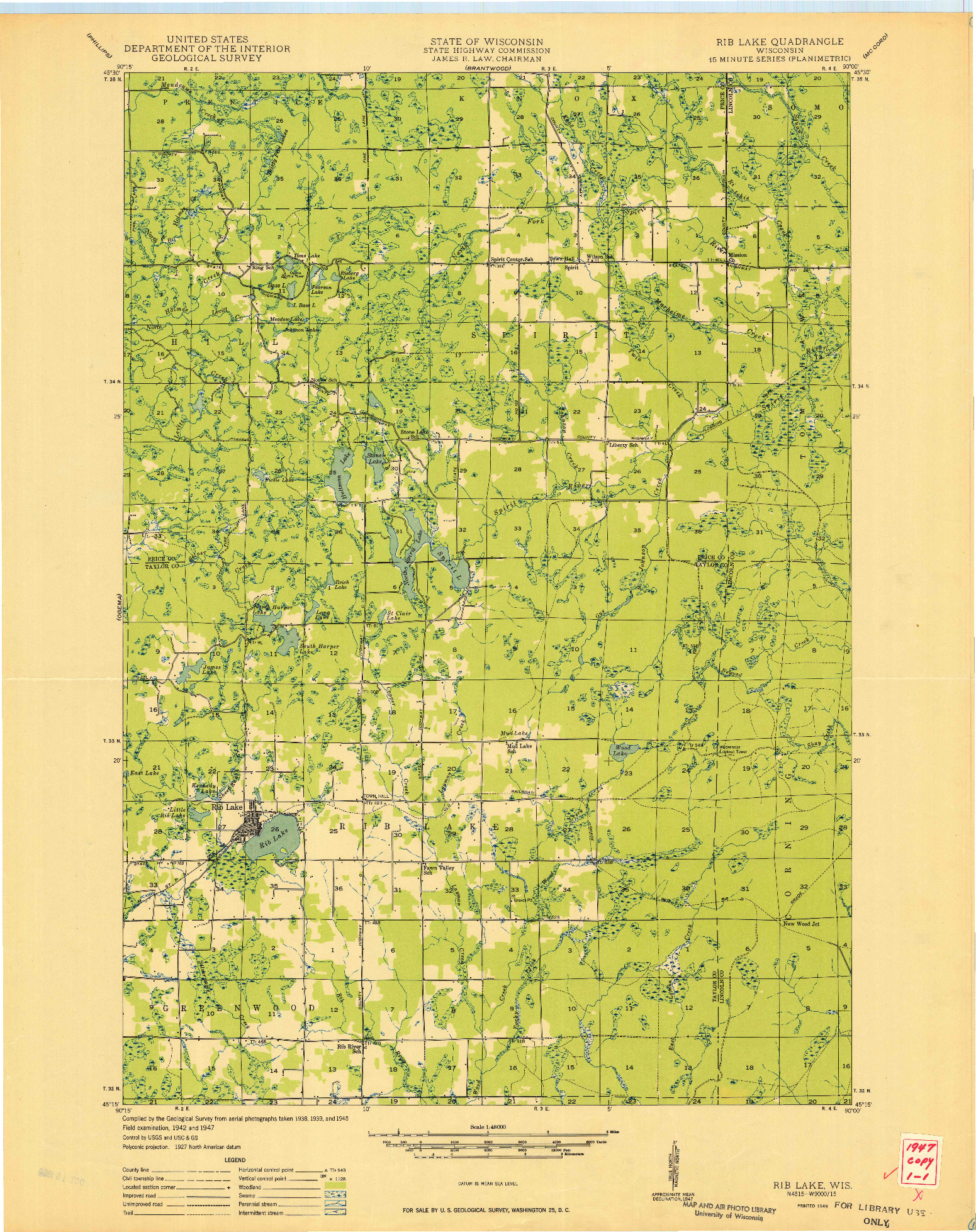 USGS 1:48000-SCALE QUADRANGLE FOR RIB LAKE, WI 1949