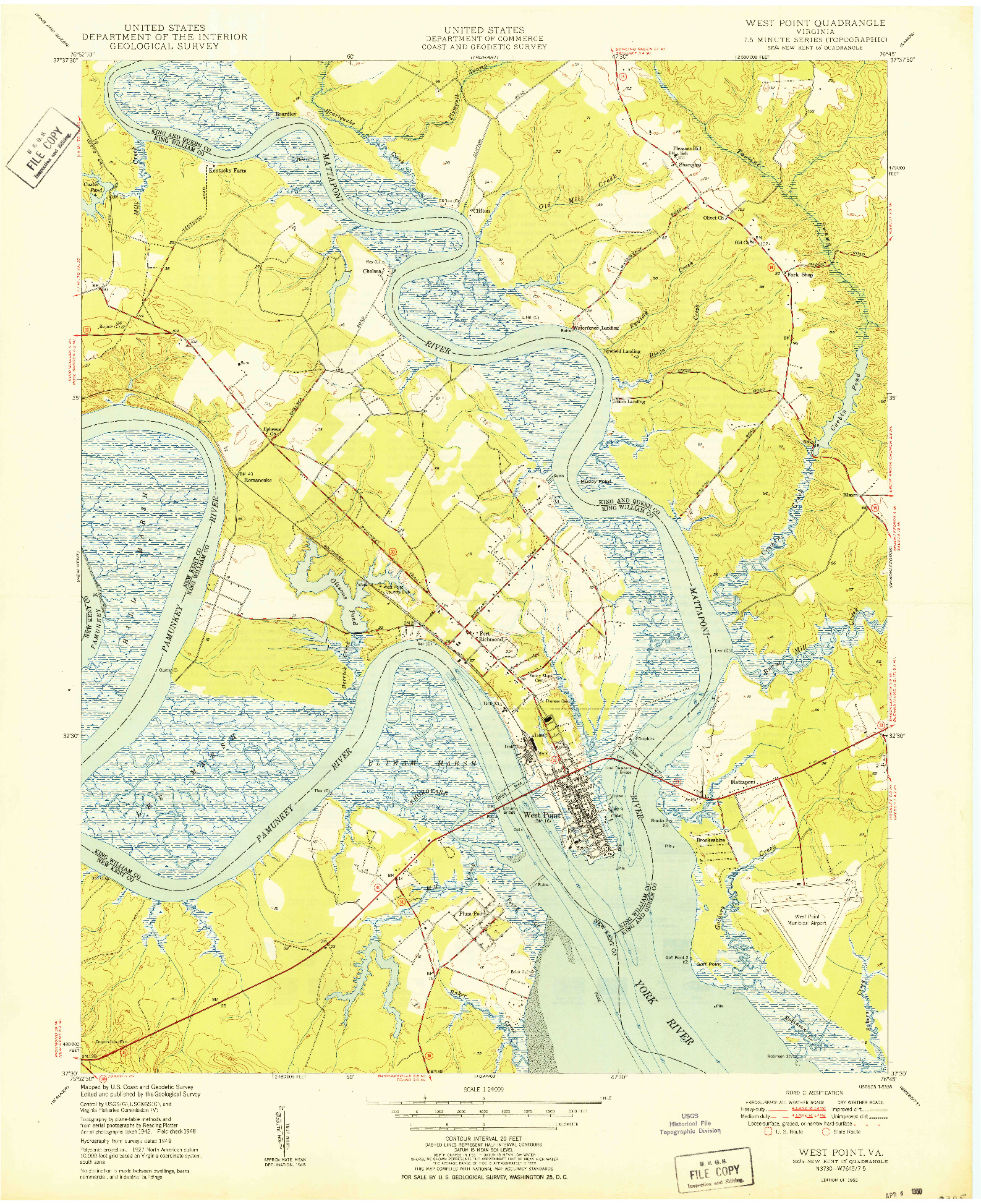 USGS 1:24000-SCALE QUADRANGLE FOR WEST POINT, VA 1950