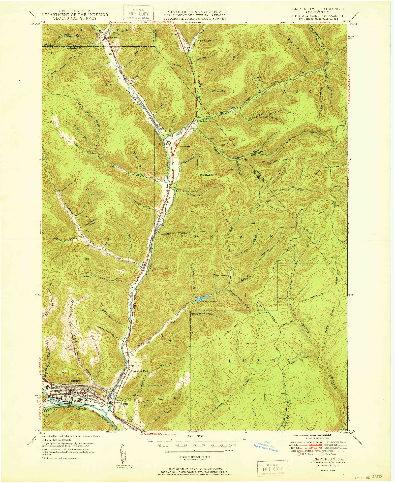 USGS 1:24000-SCALE QUADRANGLE FOR EMPORIUM, PA 1950