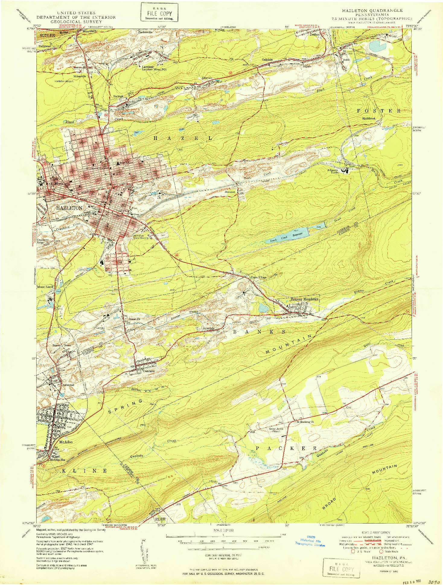 USGS 1:24000-SCALE QUADRANGLE FOR HAZLETON, PA 1950