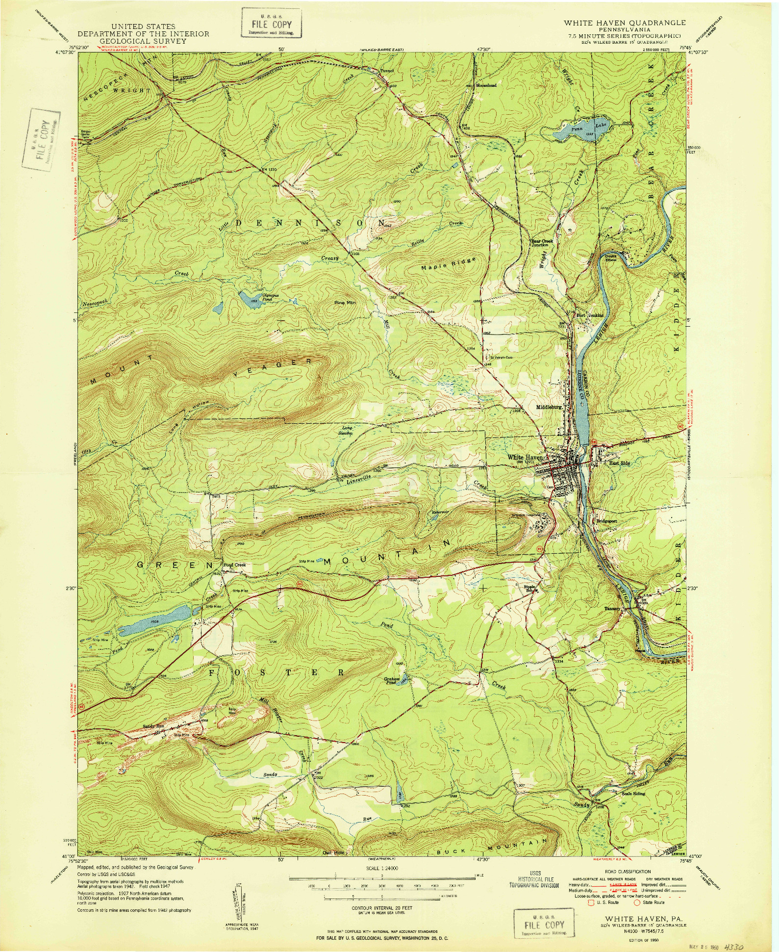 USGS 1:24000-SCALE QUADRANGLE FOR WHITE HAVEN, PA 1950