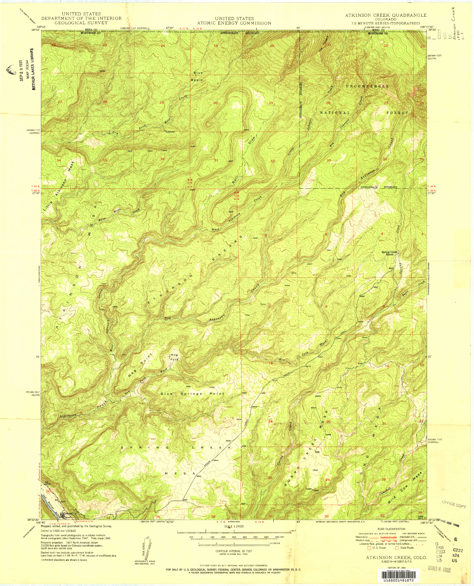USGS 1:24000-SCALE QUADRANGLE FOR ATKINSON CREEK, CO 1950