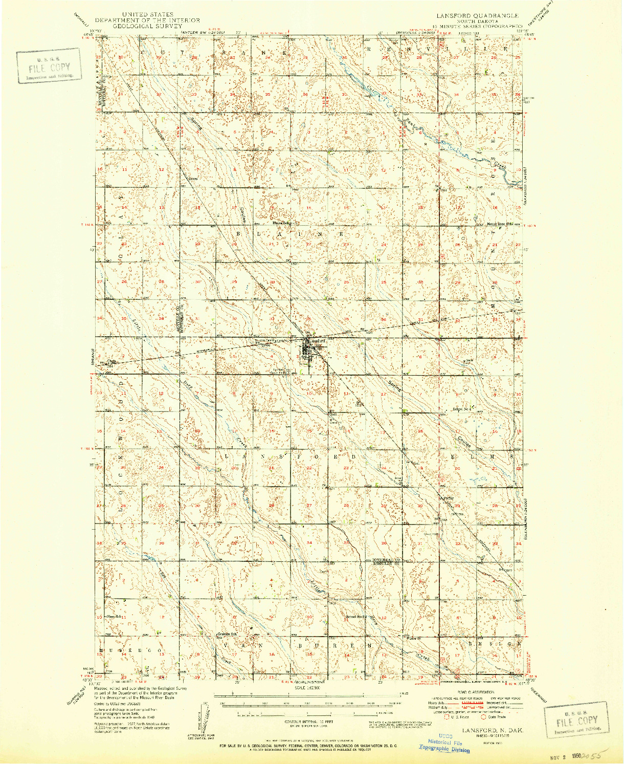 USGS 1:62500-SCALE QUADRANGLE FOR LANSFORD, ND 1950