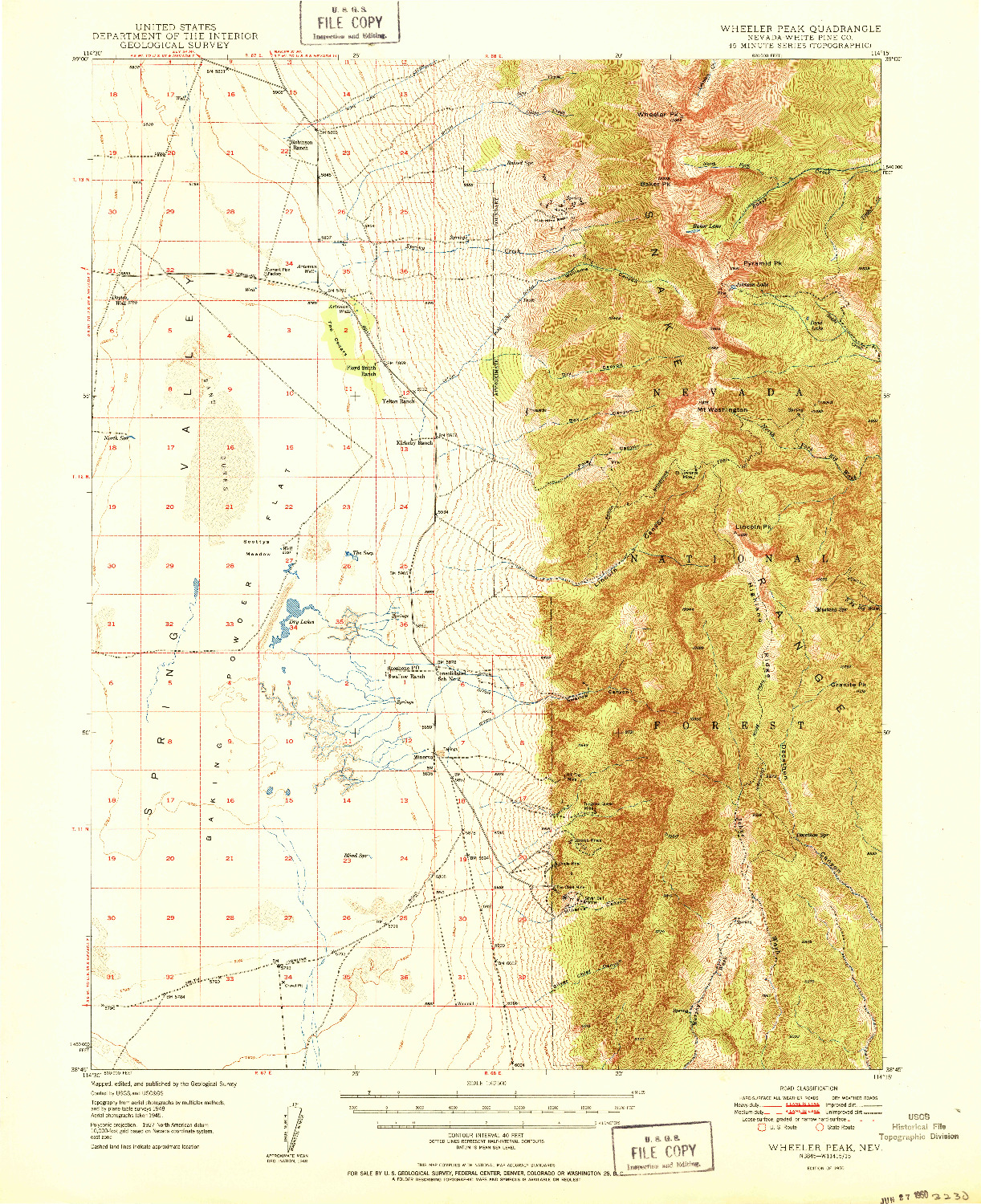 USGS 1:62500-SCALE QUADRANGLE FOR WHEELER PEAK, NV 1950