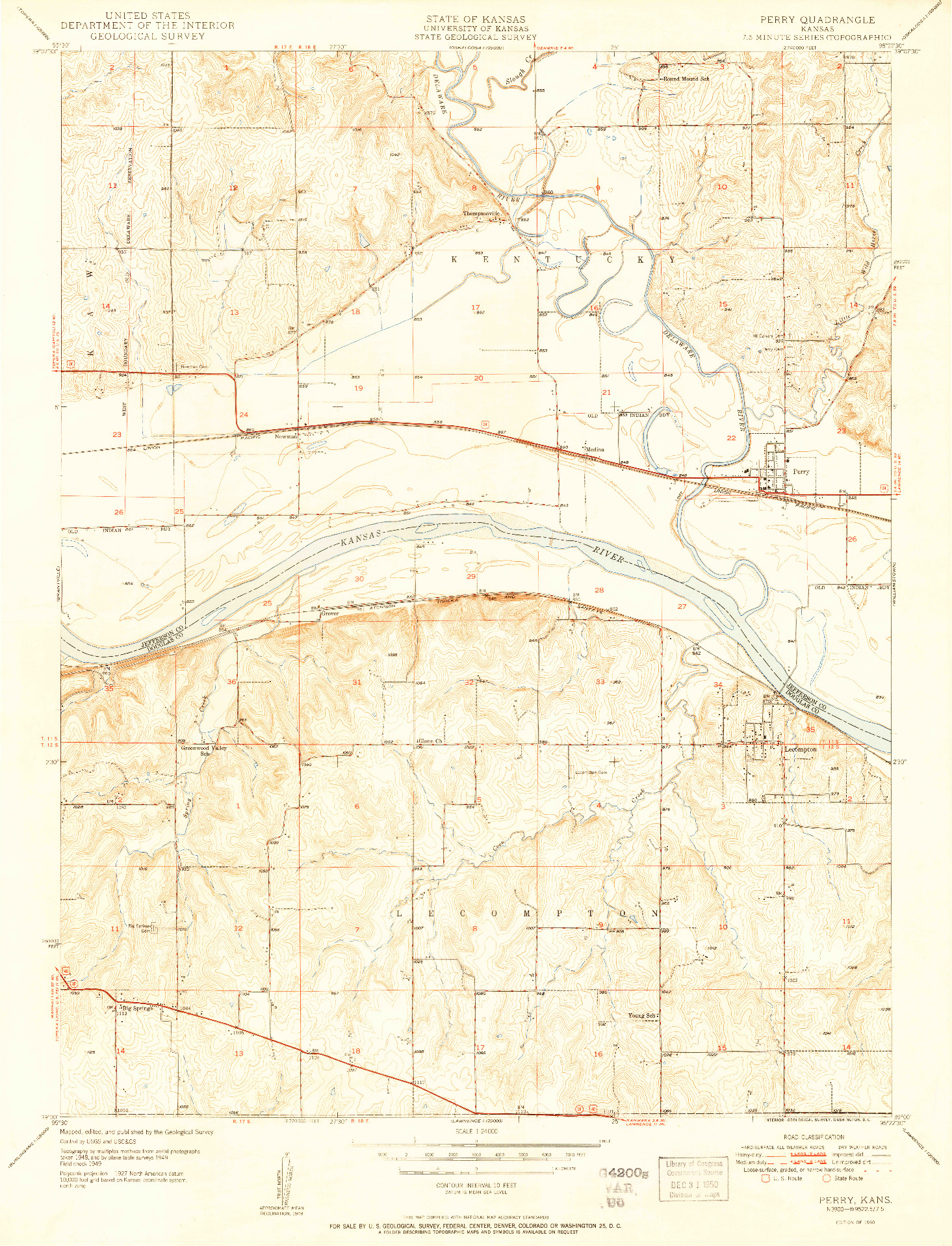 USGS 1:24000-SCALE QUADRANGLE FOR PERRY, KS 1950