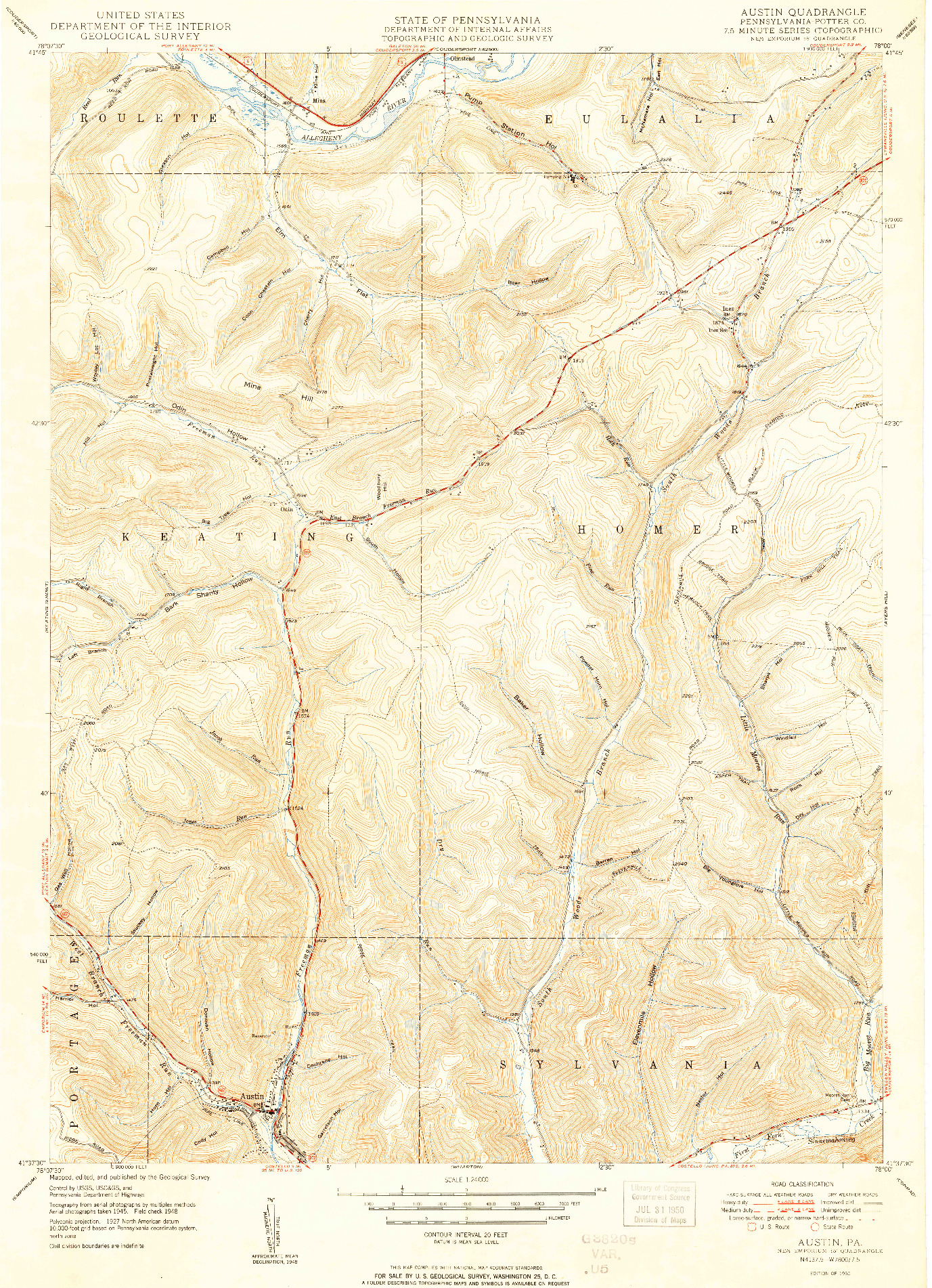 USGS 1:24000-SCALE QUADRANGLE FOR AUSTIN, PA 1950