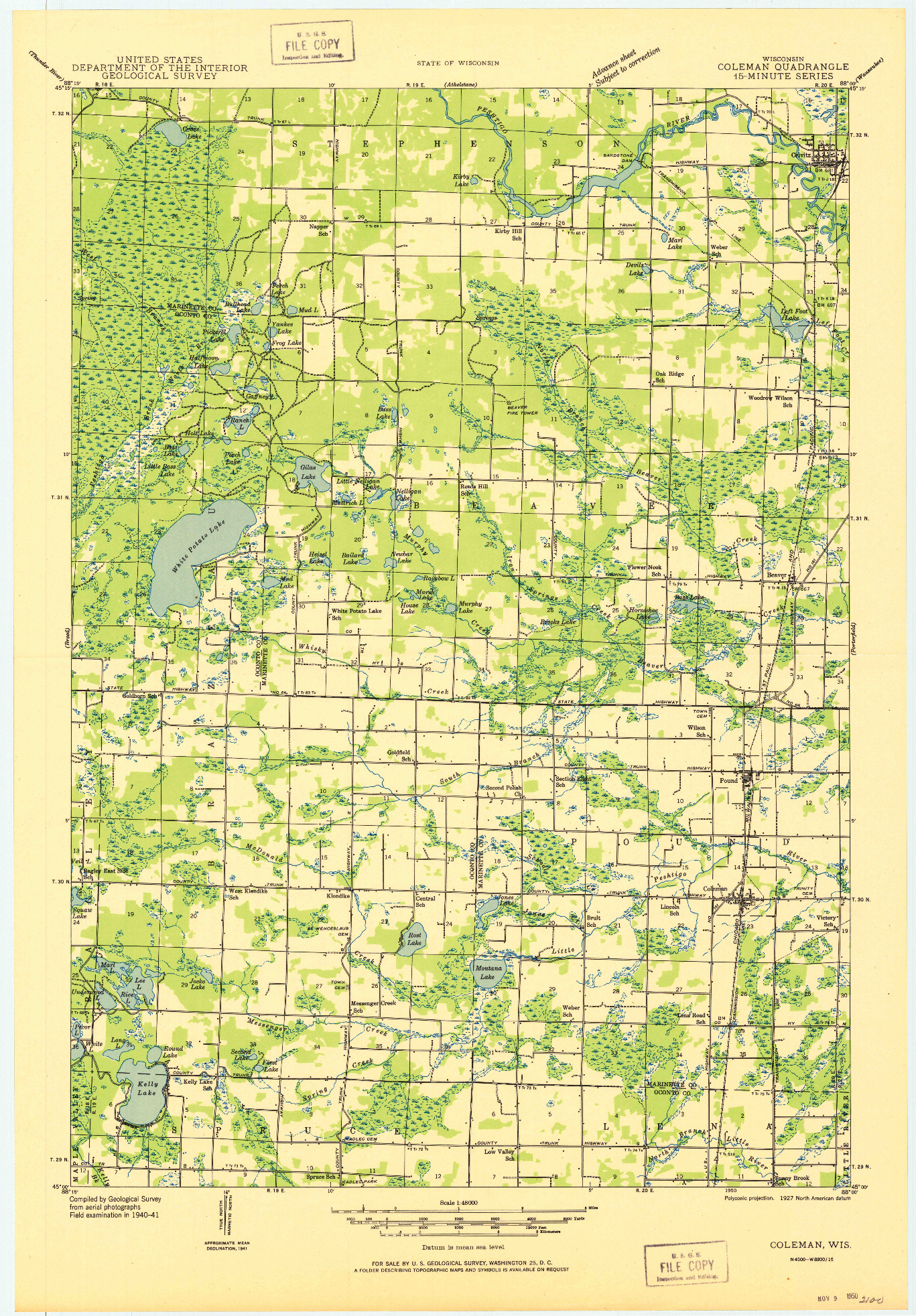 USGS 1:48000-SCALE QUADRANGLE FOR COLEMAN, WI 1950