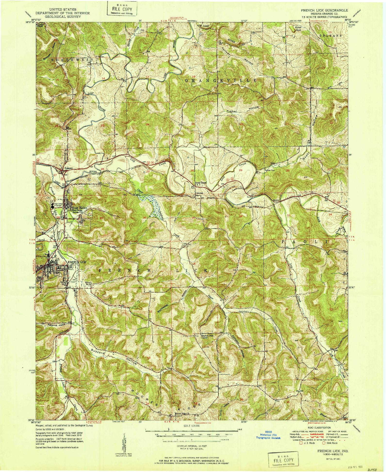 USGS 1:24000-SCALE QUADRANGLE FOR FRENCH LICK, IN 1951