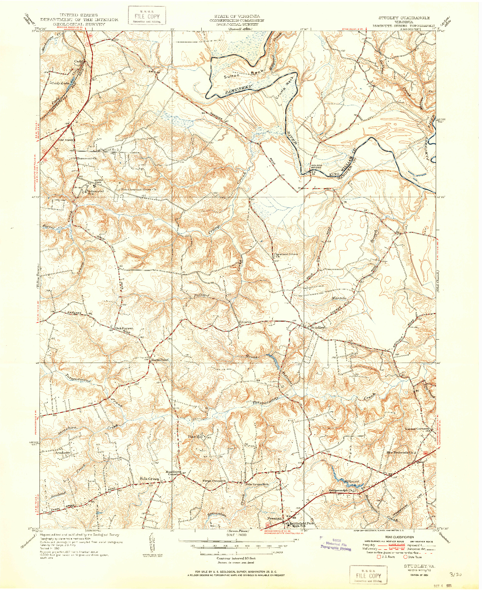 USGS 1:24000-SCALE QUADRANGLE FOR STUDLEY, VA 1951