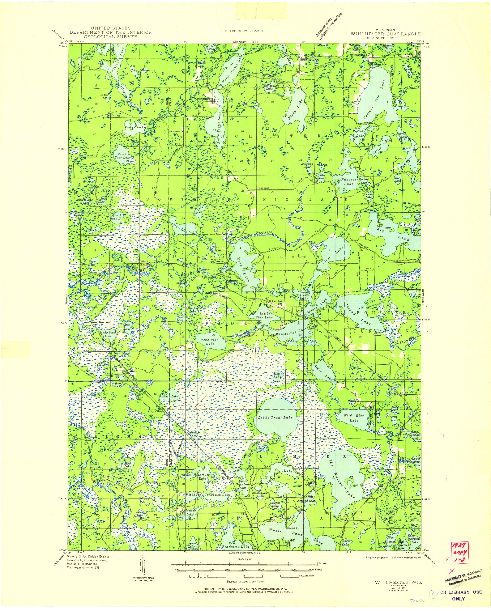 USGS 1:48000-SCALE QUADRANGLE FOR WINCHESTER, WI 1939