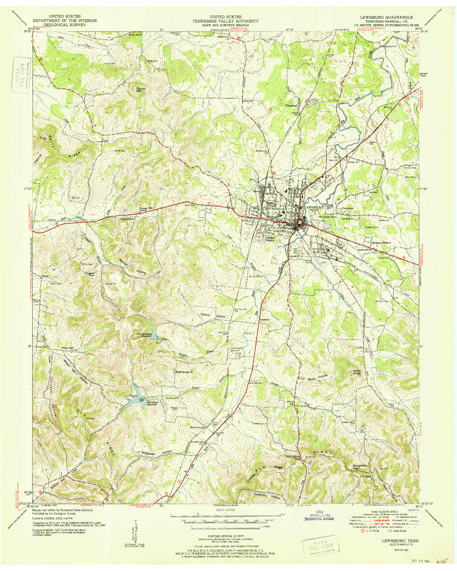 USGS 1:24000-SCALE QUADRANGLE FOR LEWISBURG, TN 1951