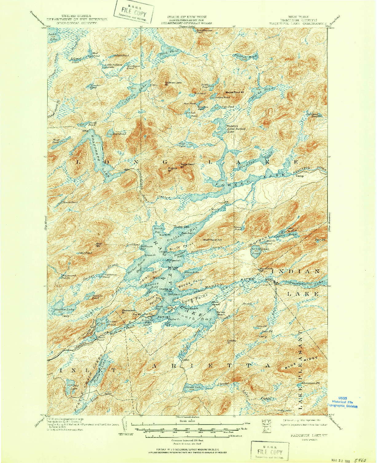 USGS 1:62500-SCALE QUADRANGLE FOR RAQUETTE LAKE, NY 1903