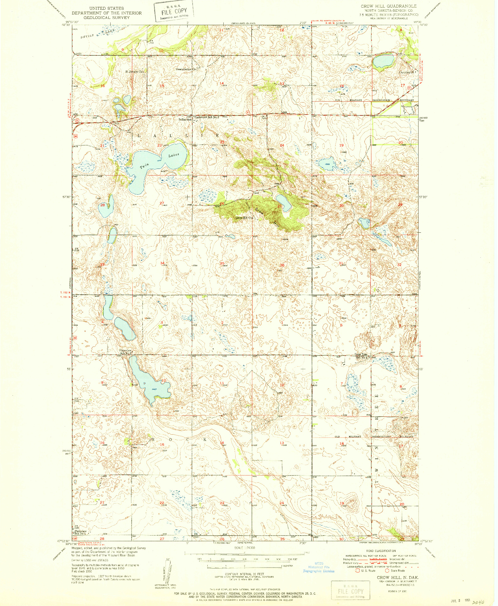 USGS 1:24000-SCALE QUADRANGLE FOR CROW HILL, ND 1951