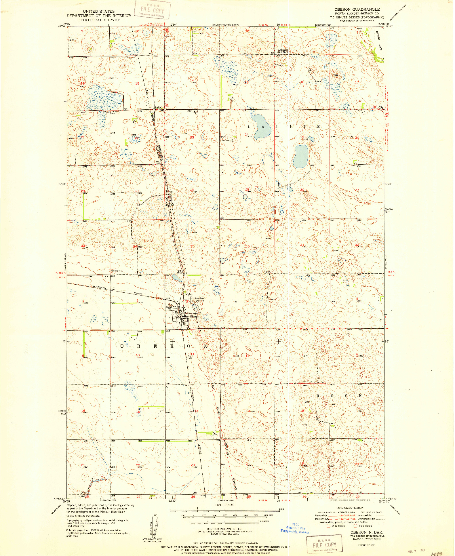 USGS 1:24000-SCALE QUADRANGLE FOR OBERON, ND 1951