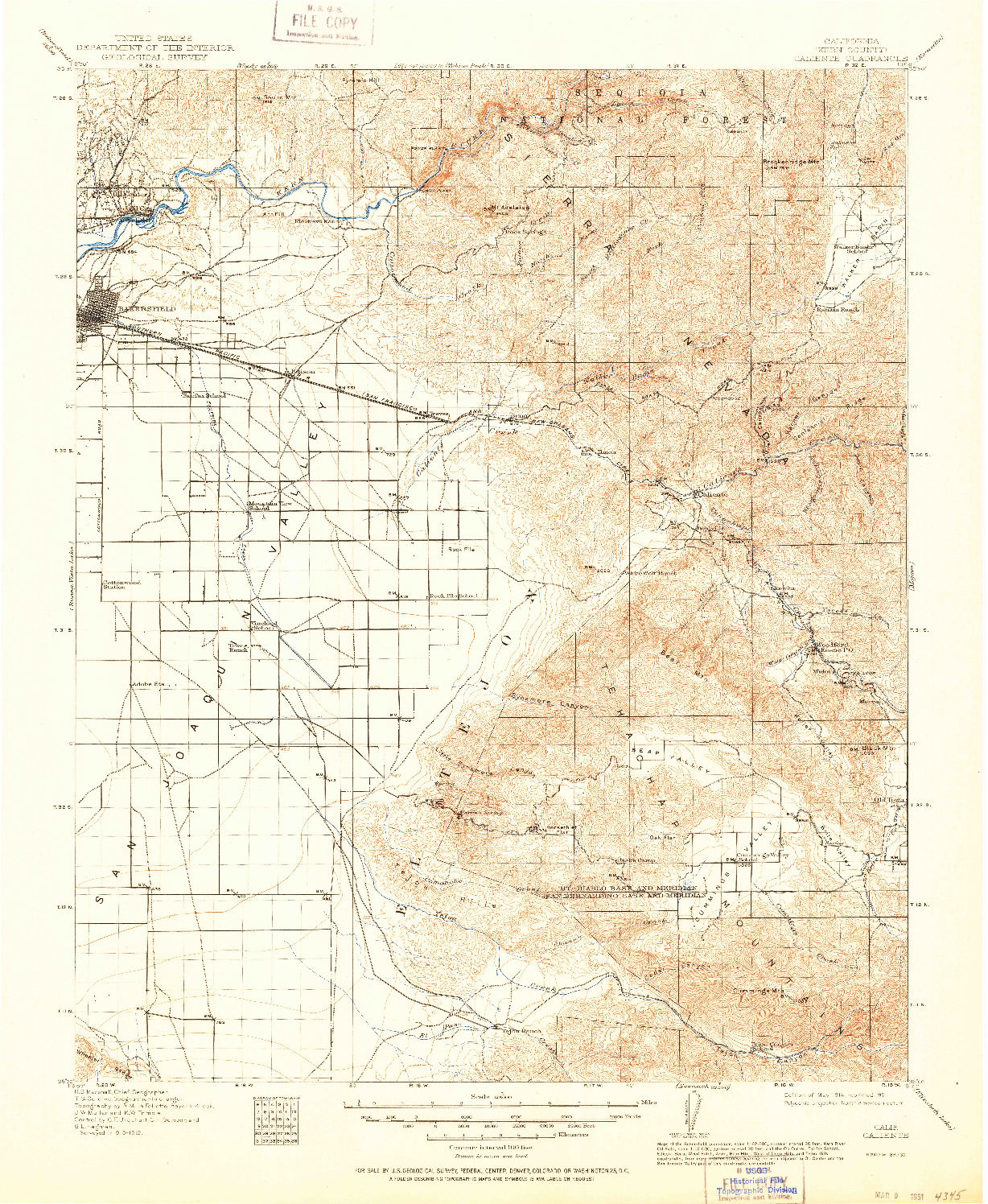 USGS 1:125000-SCALE QUADRANGLE FOR CALIENTE, CA 1914