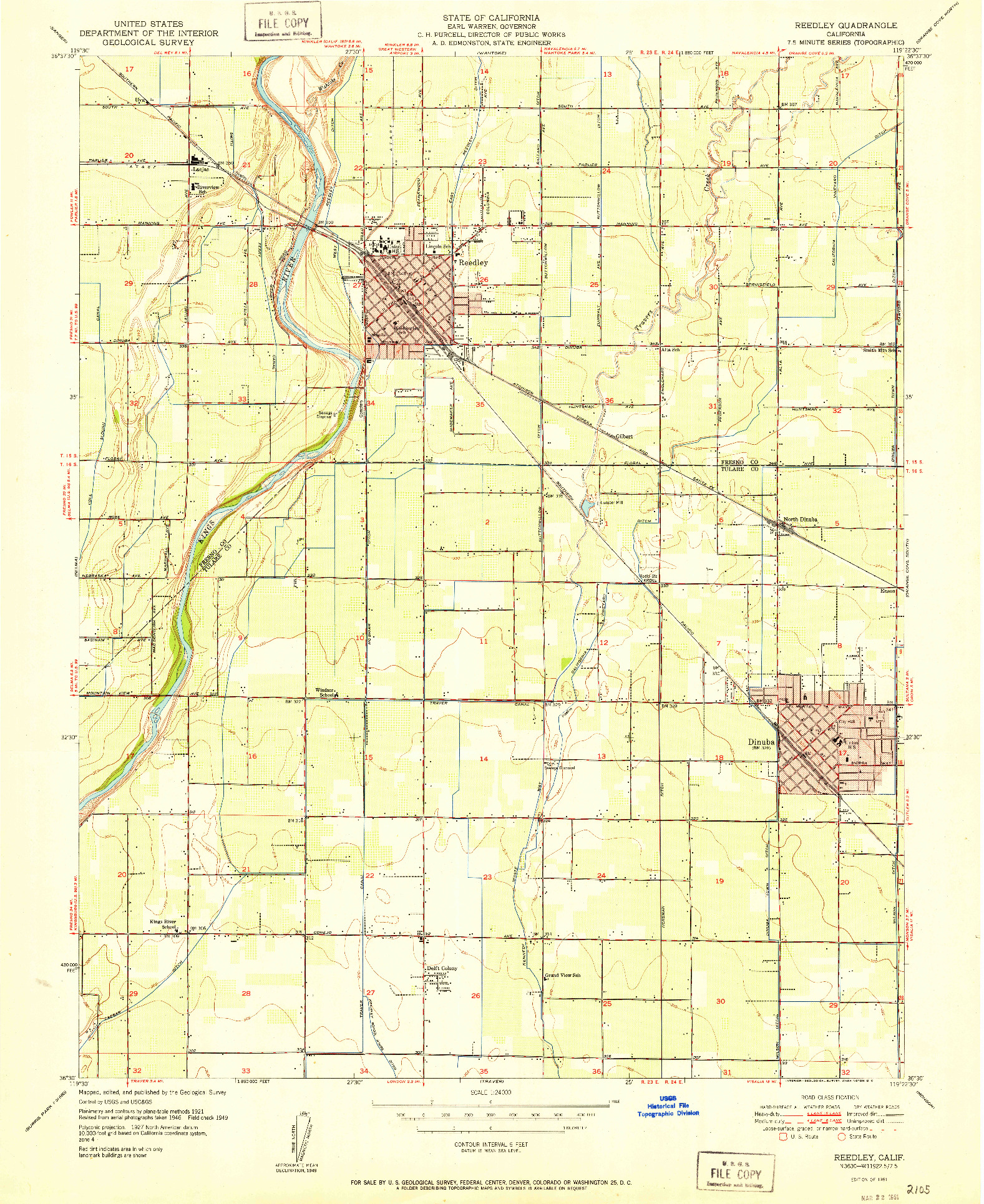 USGS 1:24000-SCALE QUADRANGLE FOR REEDLEY, CA 1951