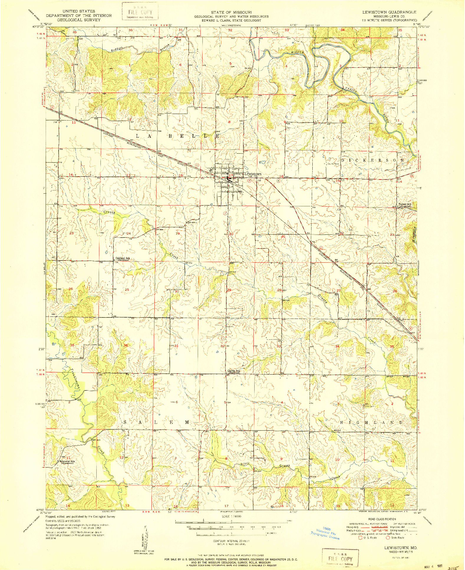 USGS 1:24000-SCALE QUADRANGLE FOR LEWISTOWN, MO 1951