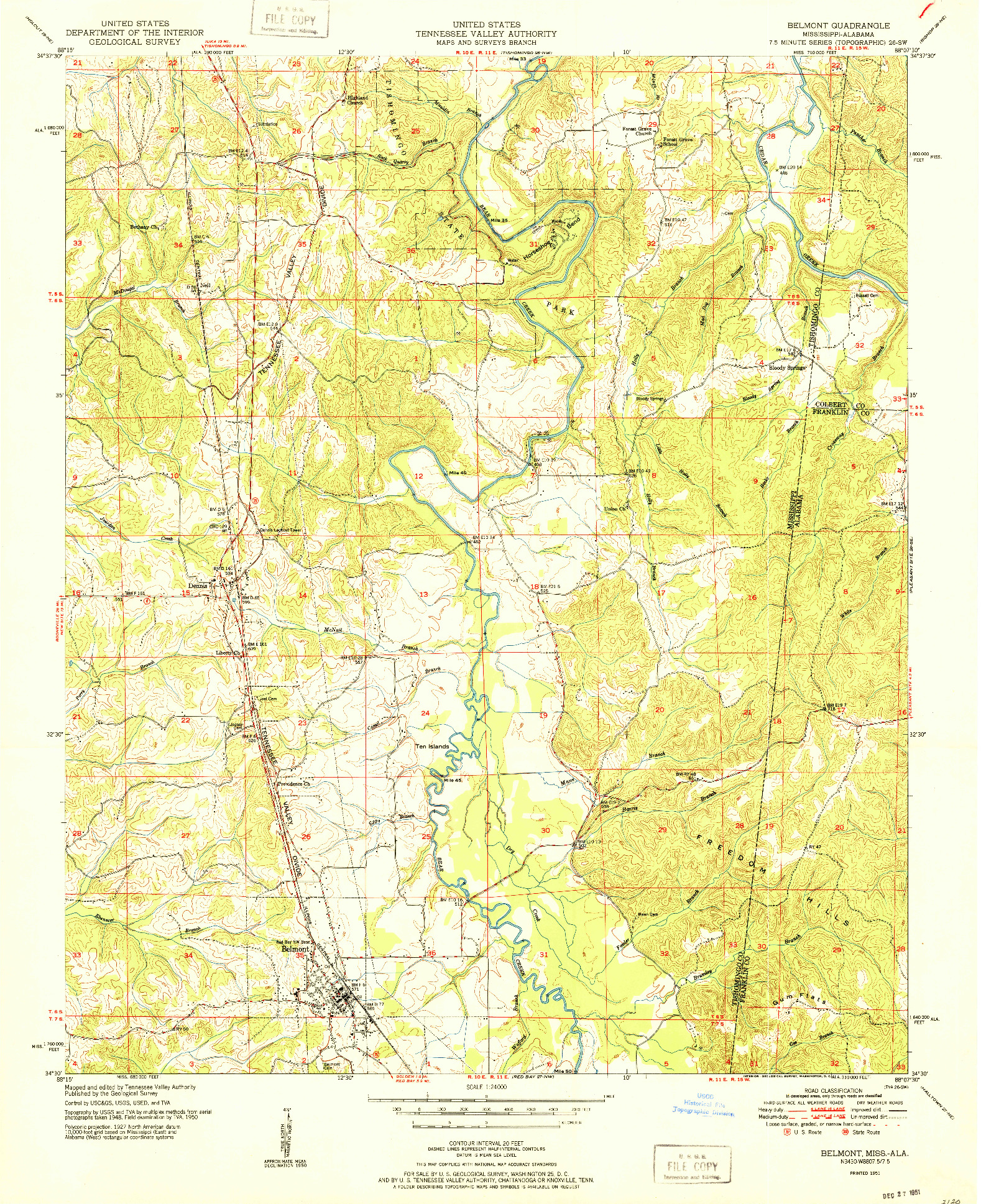 USGS 1:24000-SCALE QUADRANGLE FOR BELMONT, MS 1951
