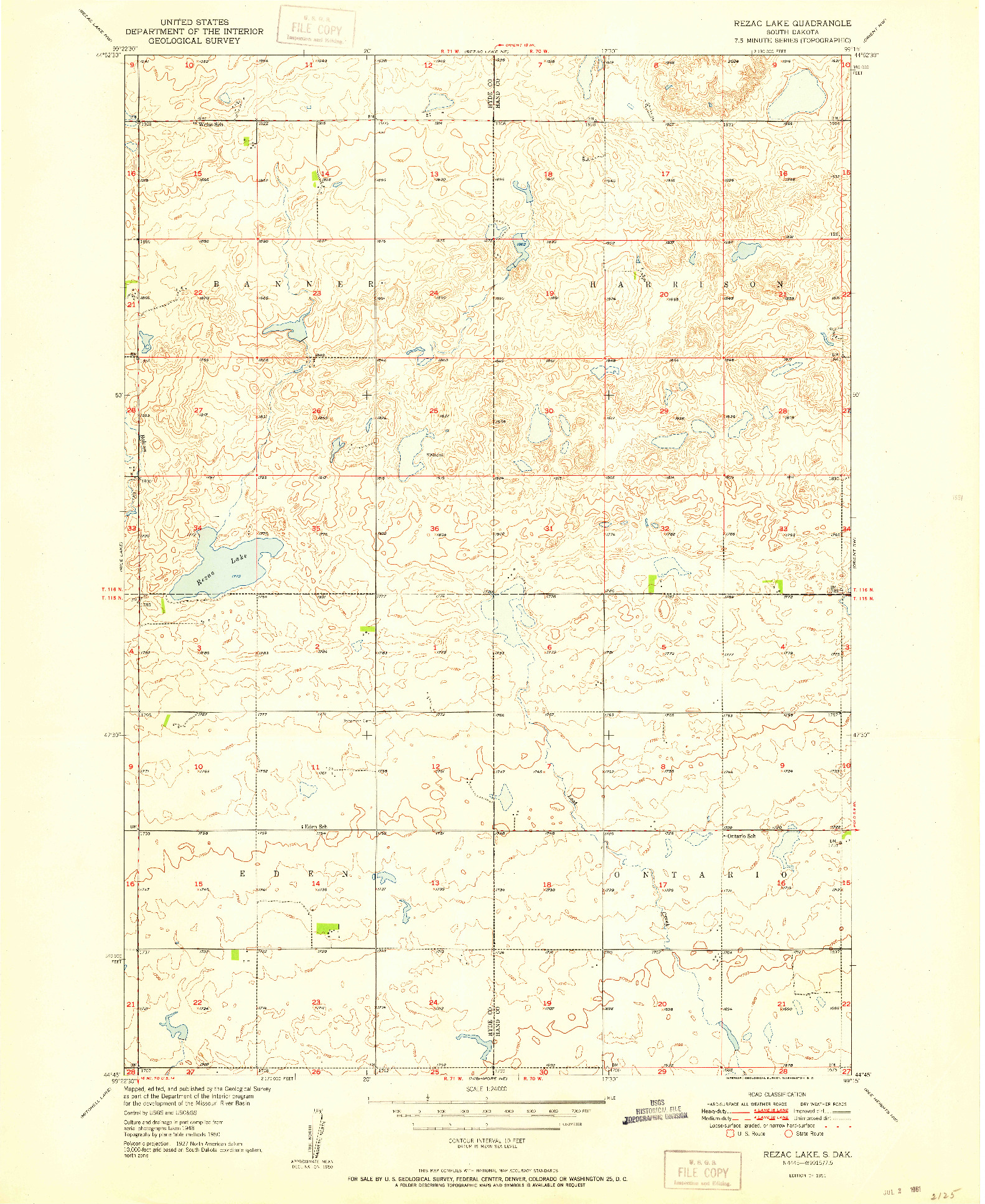 USGS 1:24000-SCALE QUADRANGLE FOR REZAC LAKE, SD 1951