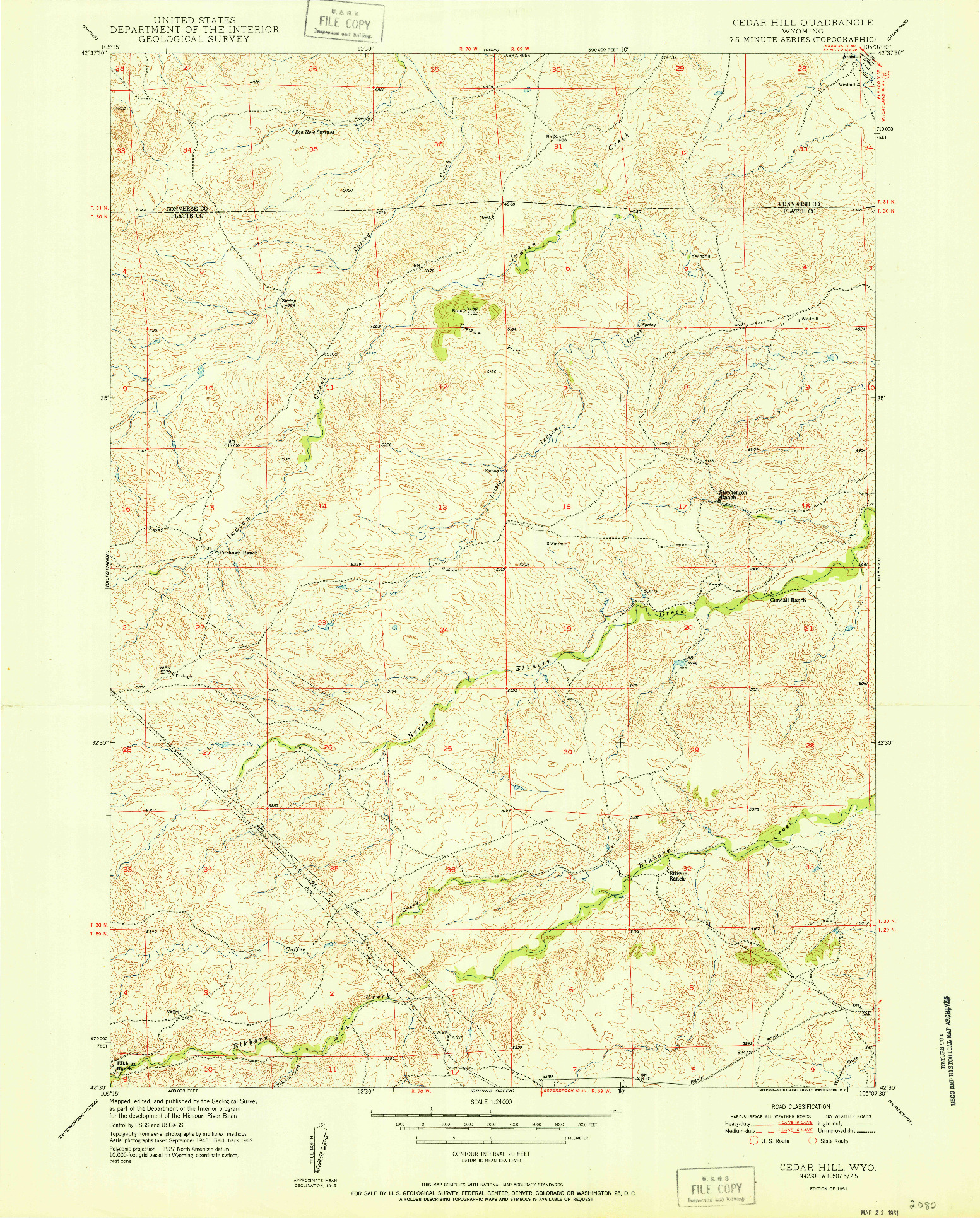 USGS 1:24000-SCALE QUADRANGLE FOR CEDAR HILL, WY 1951