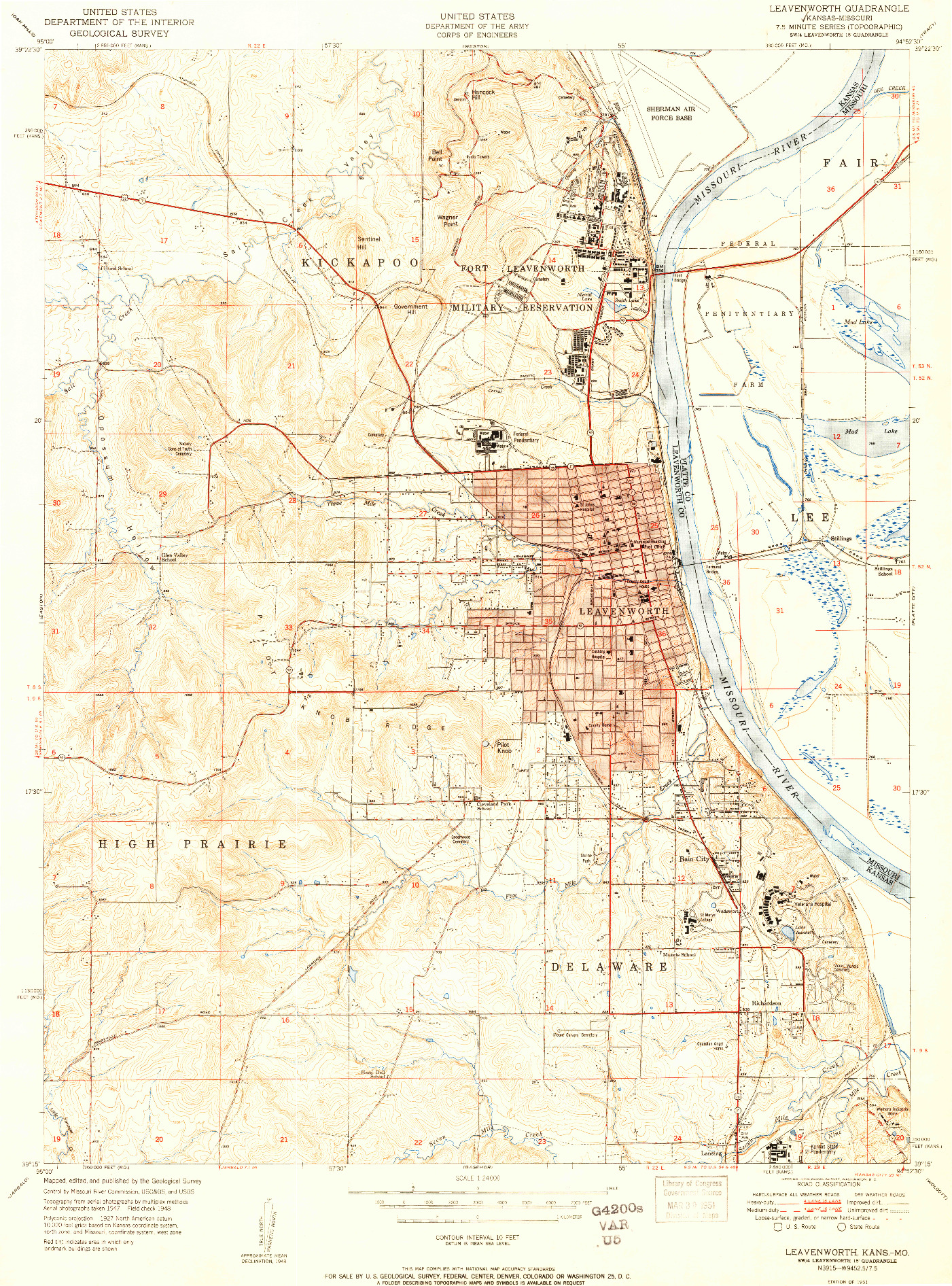 USGS 1:24000-SCALE QUADRANGLE FOR LEAVENWORTH, KS 1951