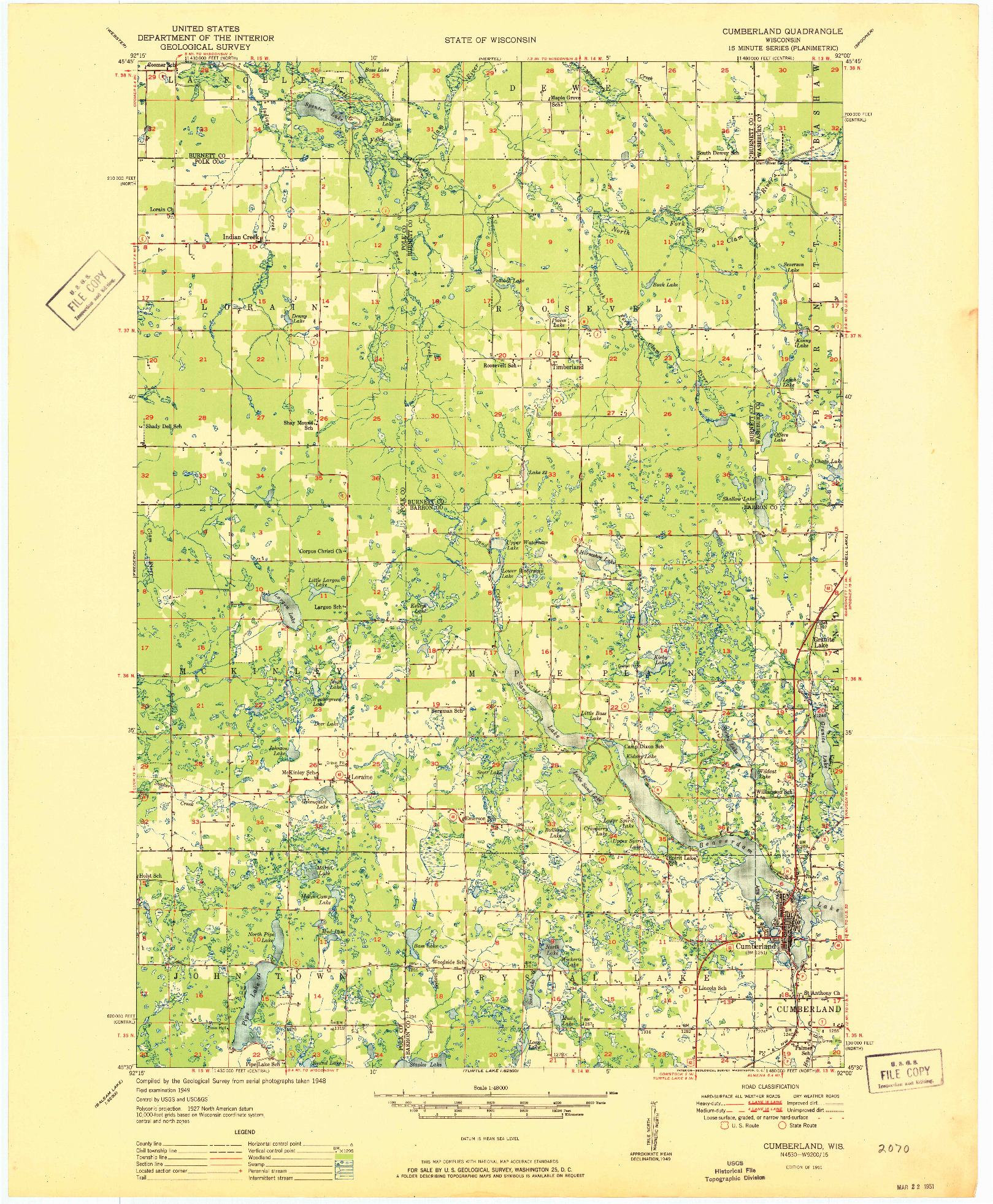 USGS 1:48000-SCALE QUADRANGLE FOR CUMBERLAND, WI 1951