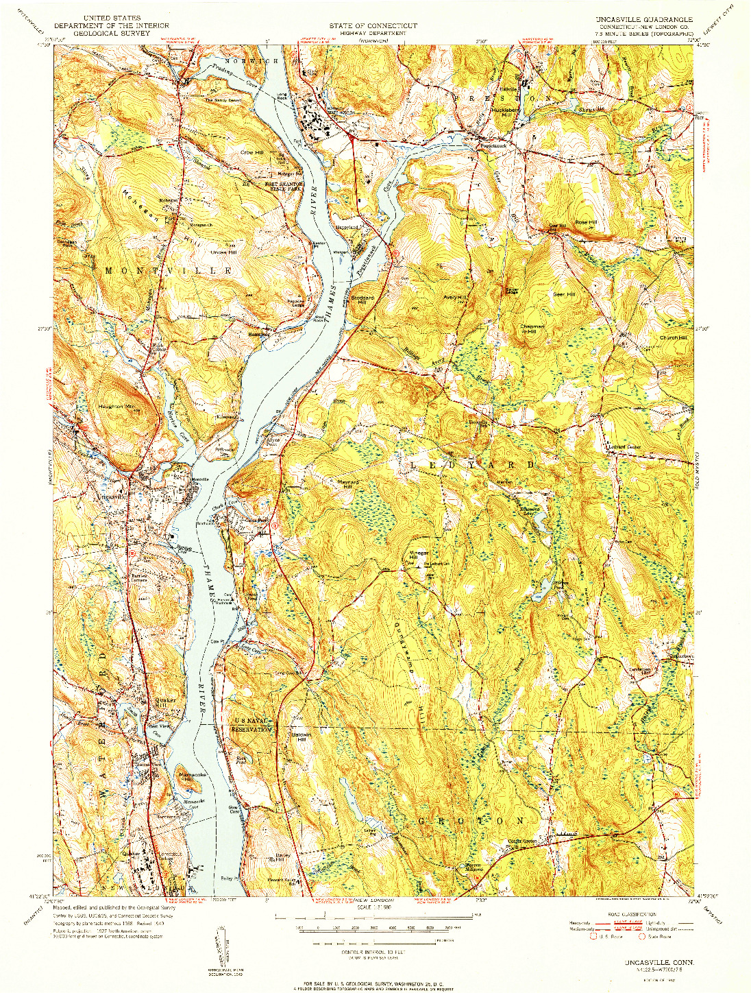 USGS 1:31680-SCALE QUADRANGLE FOR UNCASVILLE, CT 1952