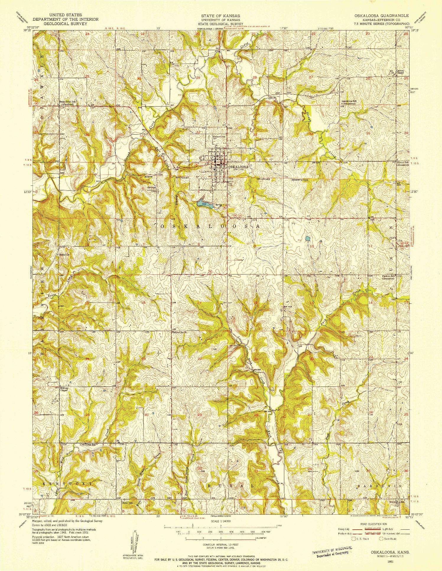 USGS 1:24000-SCALE QUADRANGLE FOR OSKALOOSA, KS 1951