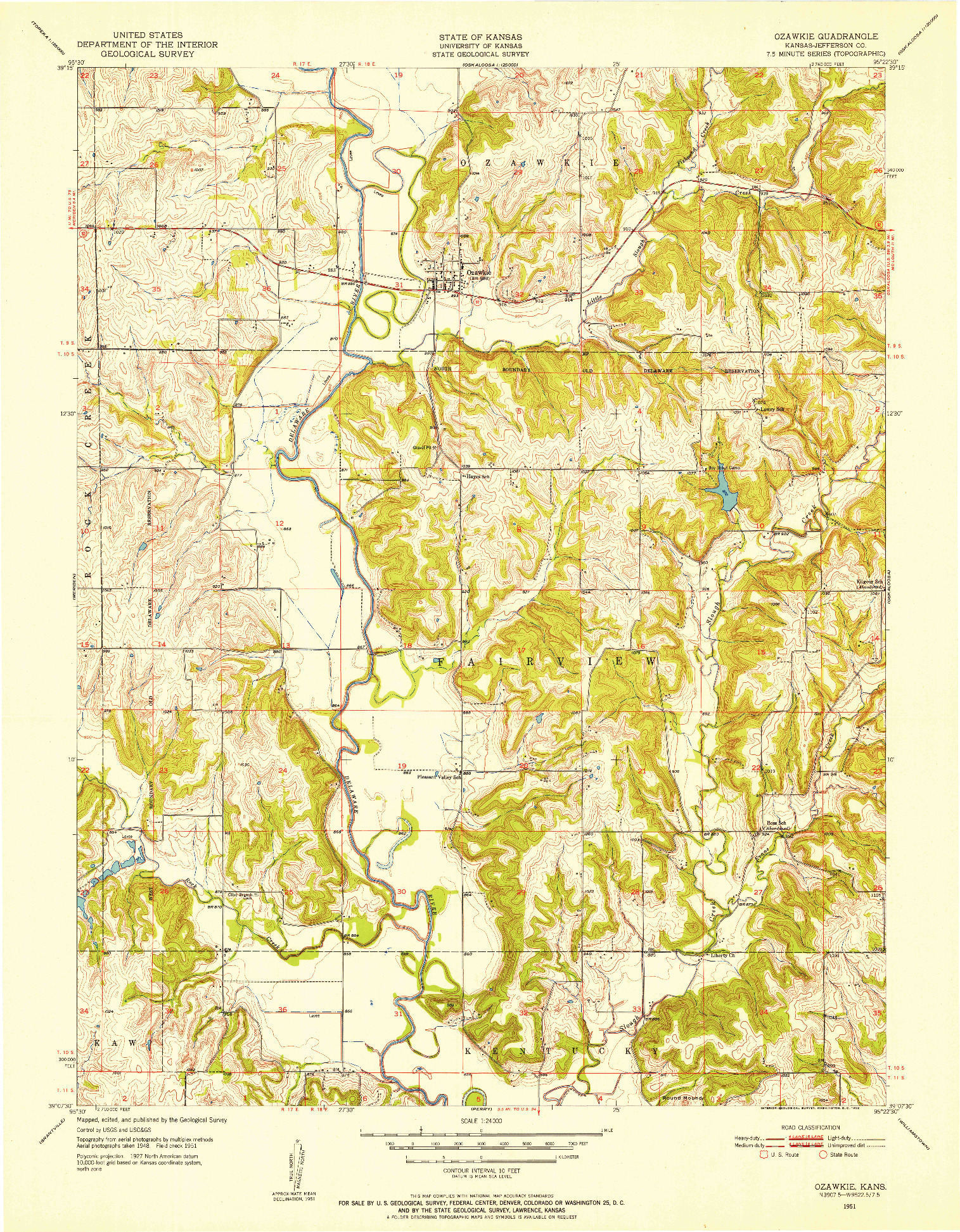 USGS 1:24000-SCALE QUADRANGLE FOR OZAWKIE, KS 1951