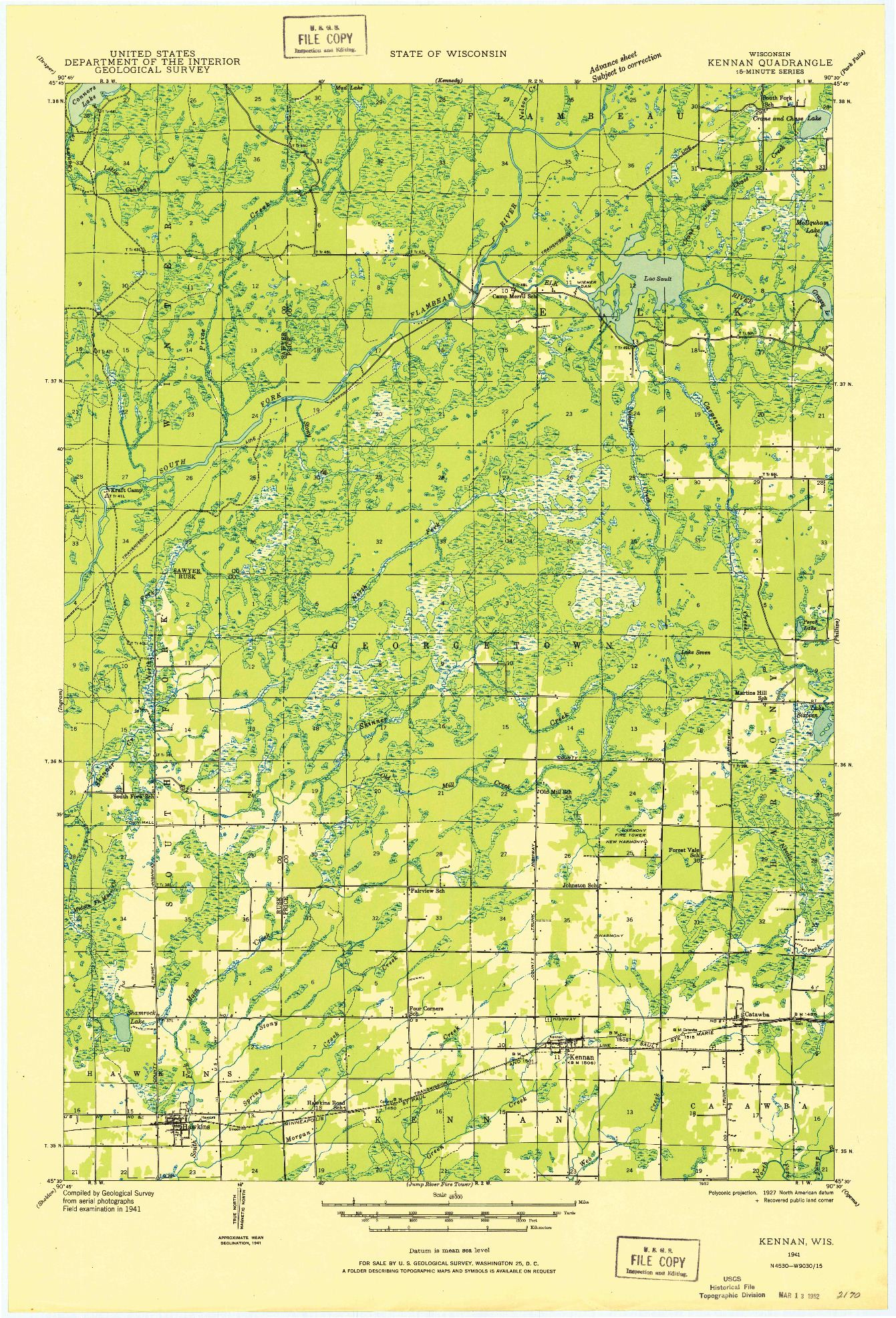 USGS 1:48000-SCALE QUADRANGLE FOR KENNAN, WI 1941