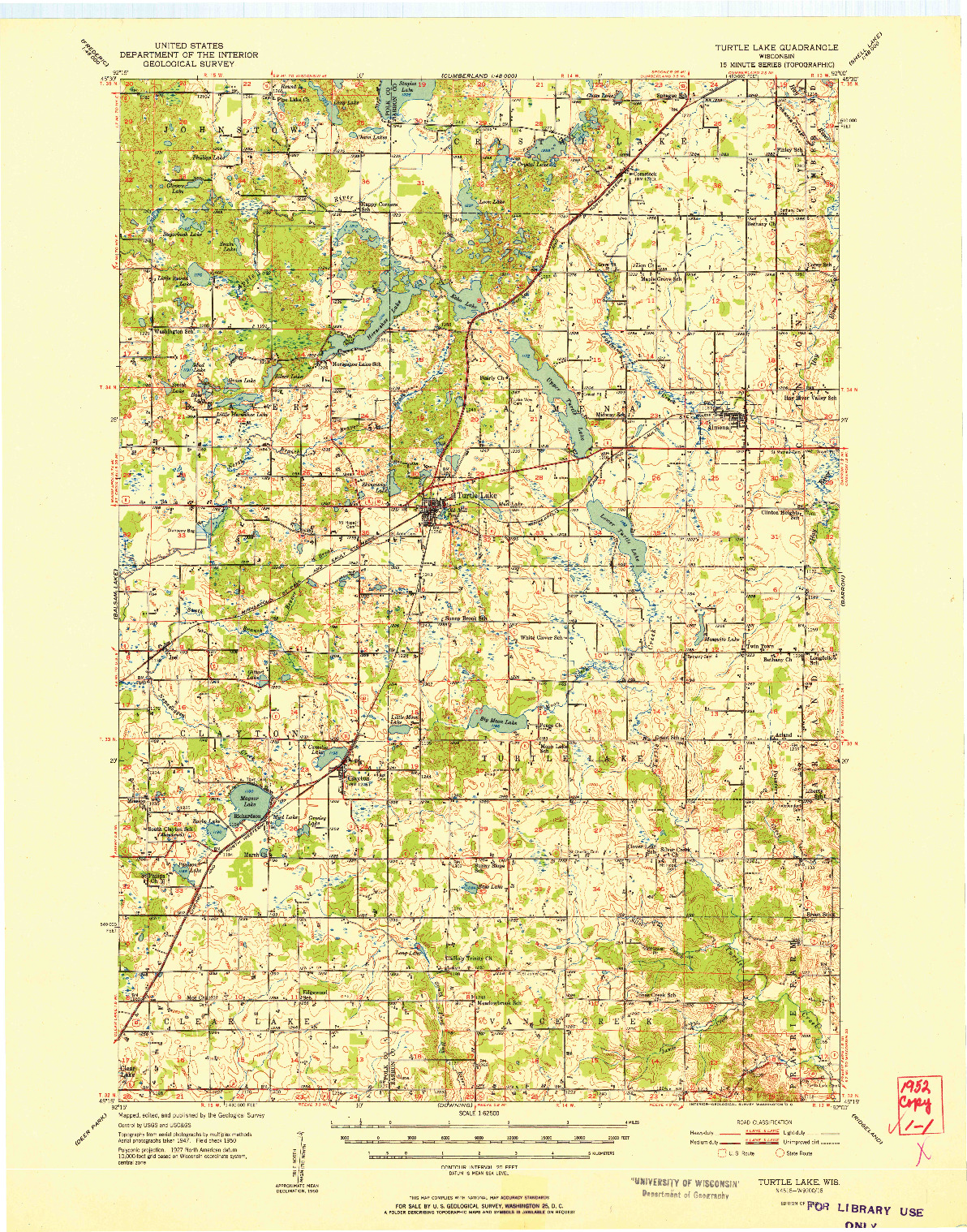 USGS 1:62500-SCALE QUADRANGLE FOR TURTLE LAKE, WI 1952