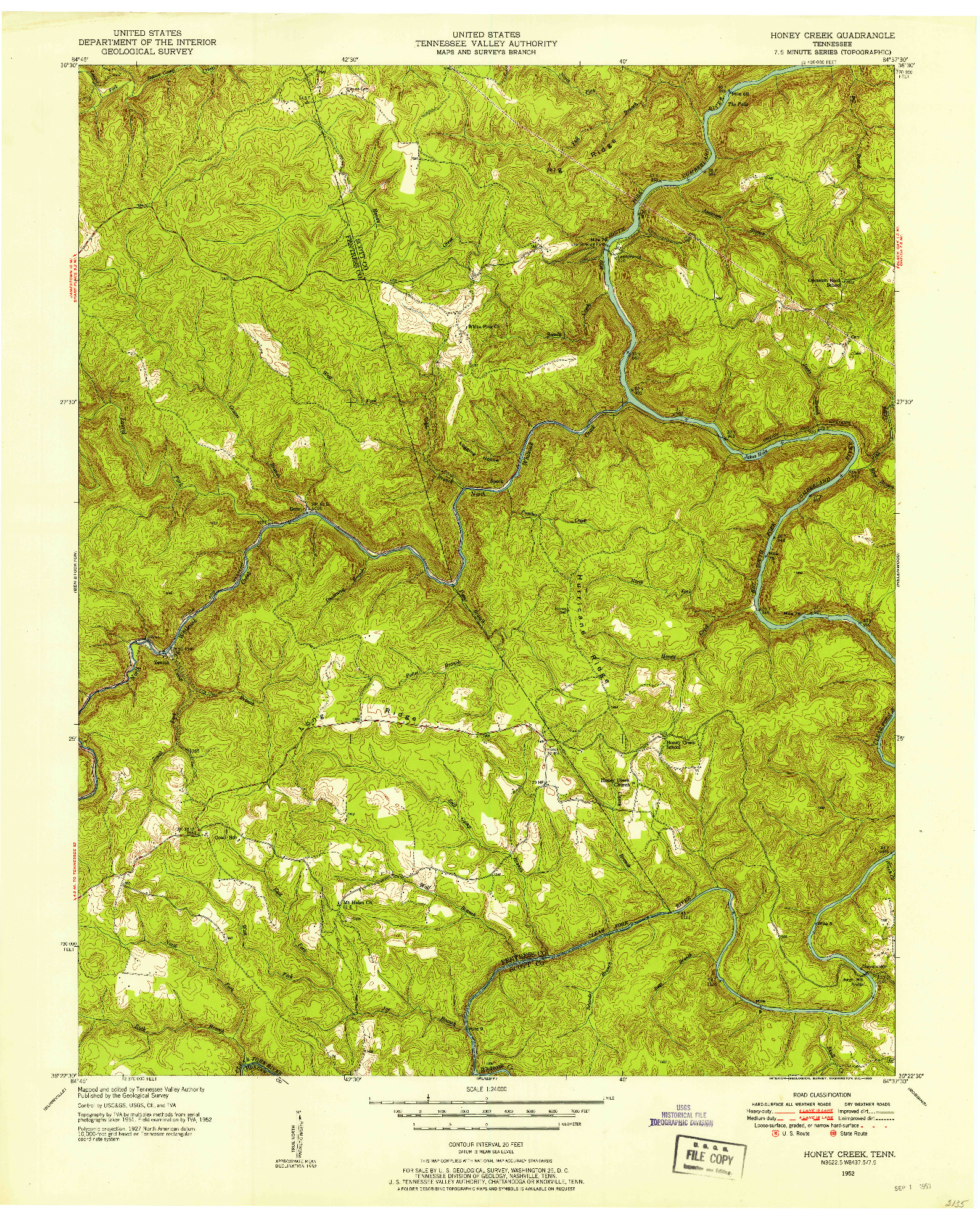 USGS 1:24000-SCALE QUADRANGLE FOR HONEY CREEK, TN 1952