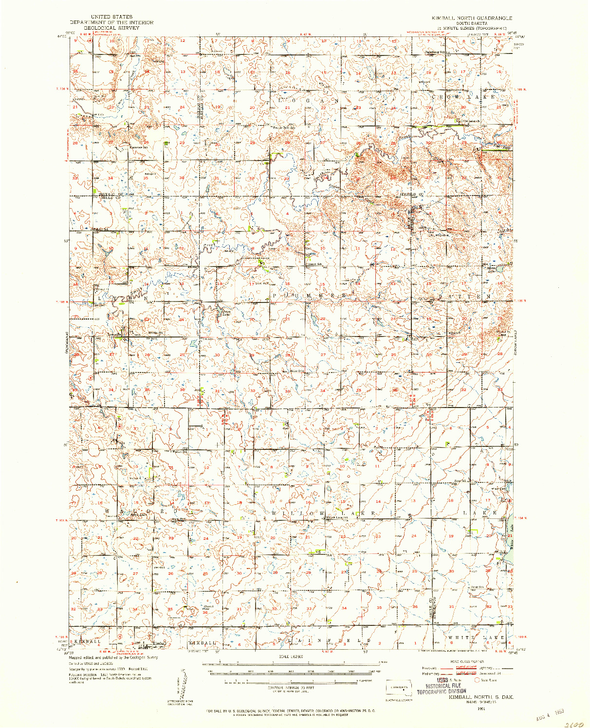 USGS 1:62500-SCALE QUADRANGLE FOR KIMBALL NORTH, SD 1951