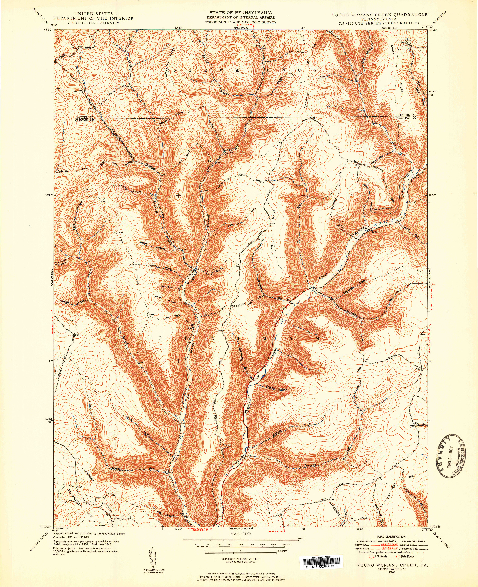 USGS 1:24000-SCALE QUADRANGLE FOR YOUNG WOMANS CREEK, PA 1946